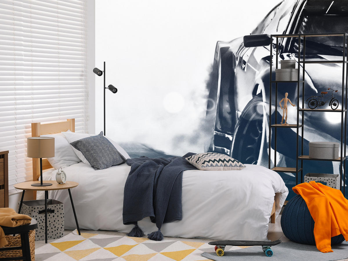 FOTOTAPETE für Jugendzimmer Drift Sportwagen Action 250x175 - Schwarz/Weiß, Papier (250/175cm) - Muralo