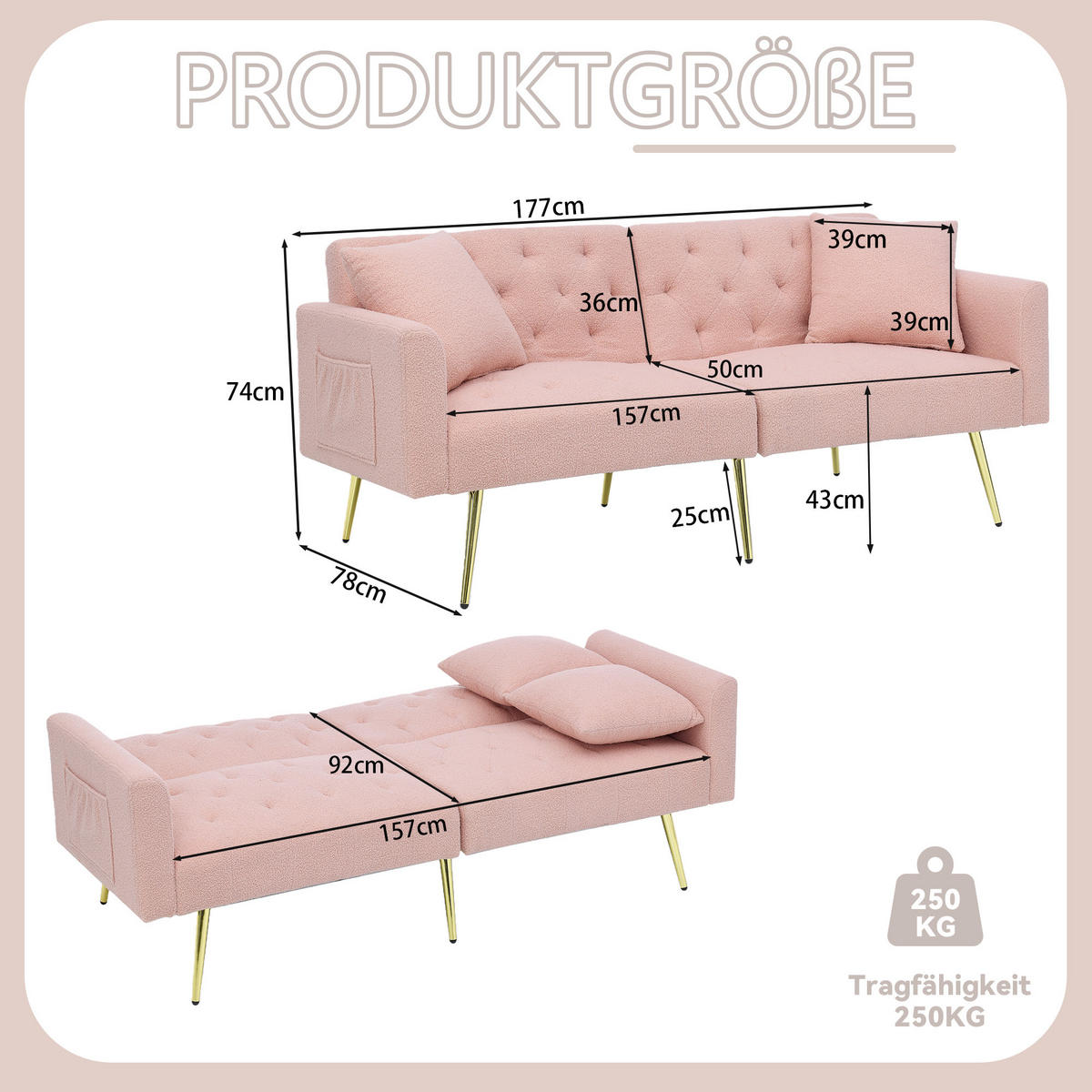 SCHLAFSOFA 177/78/74 cm in Pink Teddyfell mit Aufbewahrungstasche - Rosa, Textil (177/74/78cm) - Oxeza