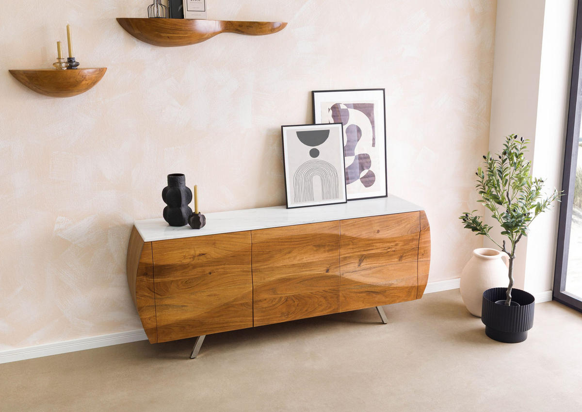 SIDEBOARD Akazie 184x40x75 natur lackiert / Marmor weiß MONTREAL #128 - Braun, Holz (184/75/40cm) - Massivmoebel24