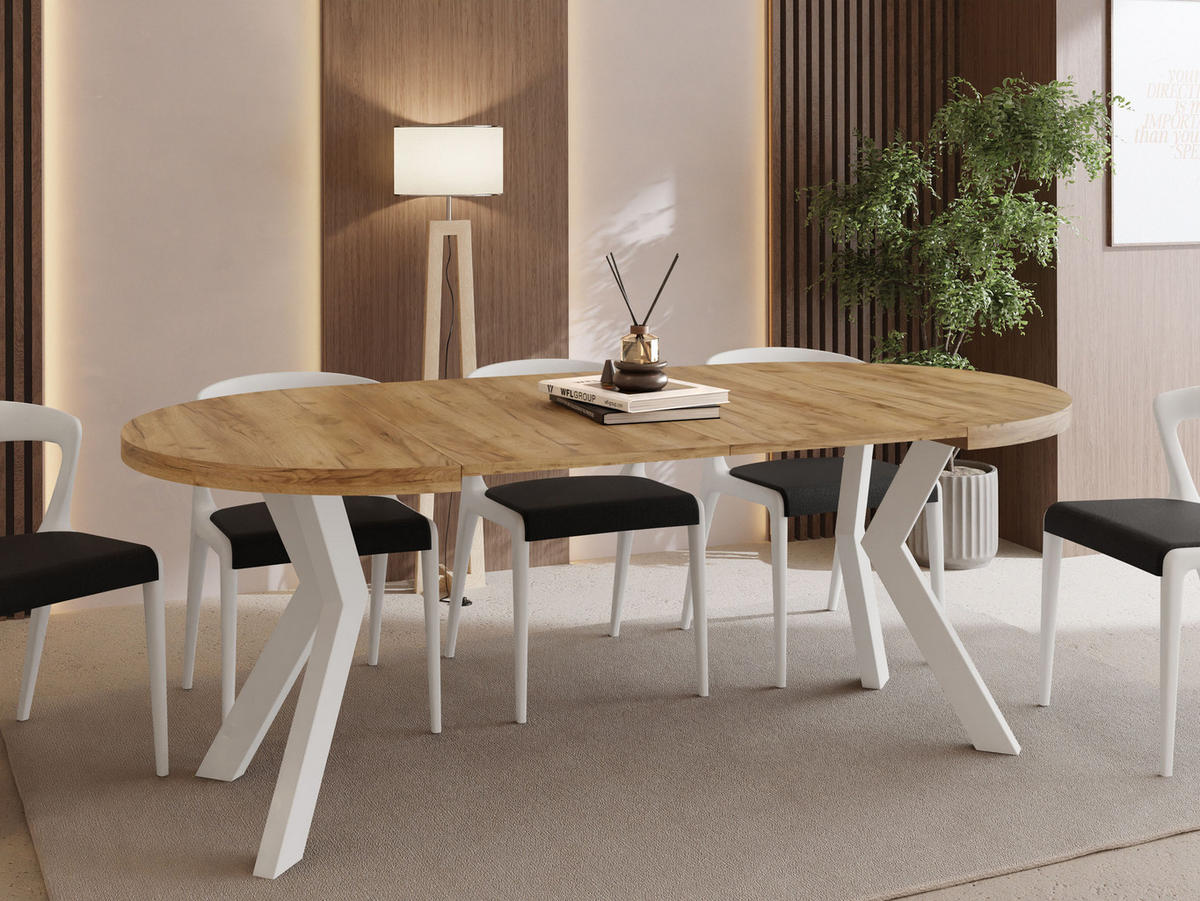 ESSTISCH Savio Weiß rund ausziehbar verlängerbar XXL, Eiche Braun 100-200/100/77 cm - Eiche Wotan/Weiß, Holz/Holzwerkstoff (100/100/77cm) - WFL GROUP