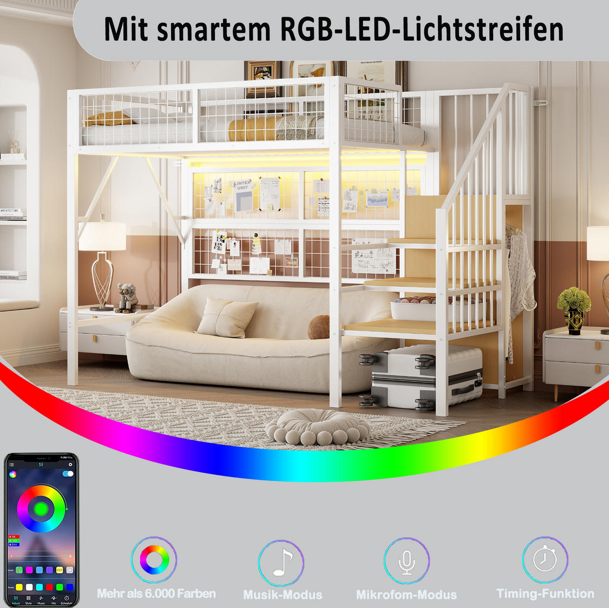 HOCHBETT aus Metall 90x200 cm Weiß mit Stauraumtreppe, offenem Kleiderschrank und App-LED - Weiß, Metall (90/200cm) - IVMEU