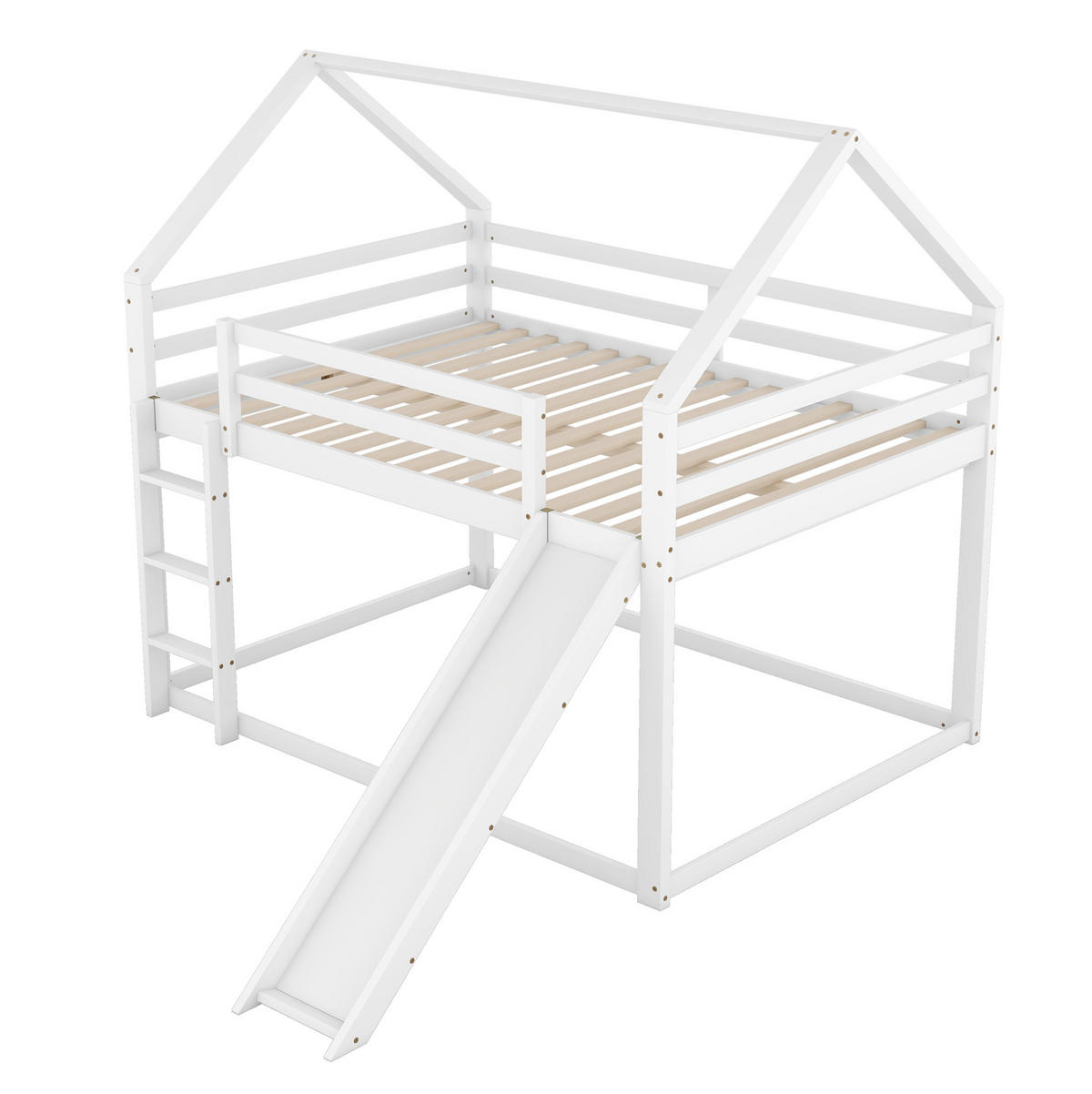 HAUSBETT mit Rutsche 140/200 cm in Weiß – Etagenbett aus Kiefernholz - Weiß, Holz (140/200cm) - BEAOK
