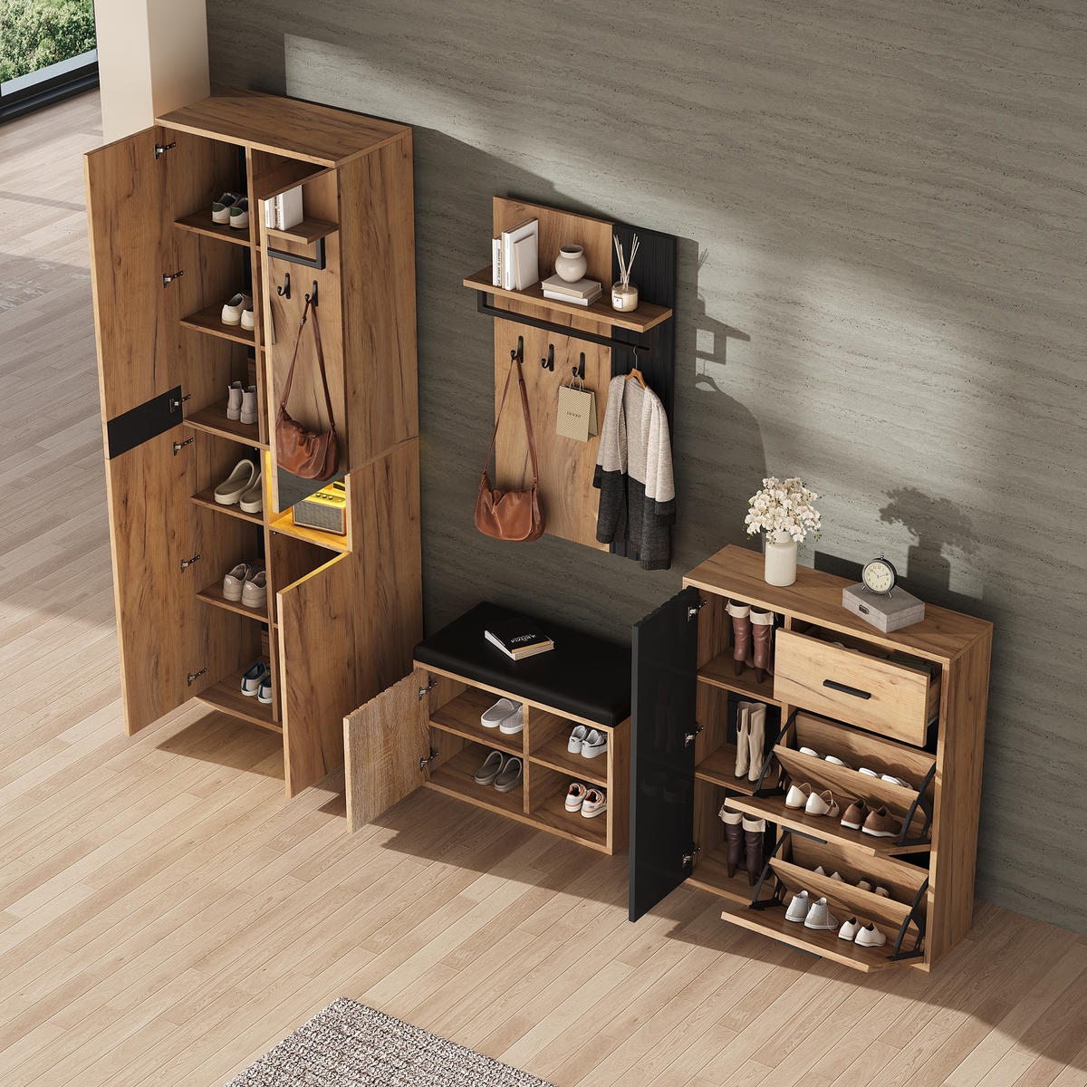 GARDEROBENSET 4-tlg Wand Natur Schwarz 215x36x190cm - Multicolor, Holzwerkstoff (36/190/215cm) - FLIEKS