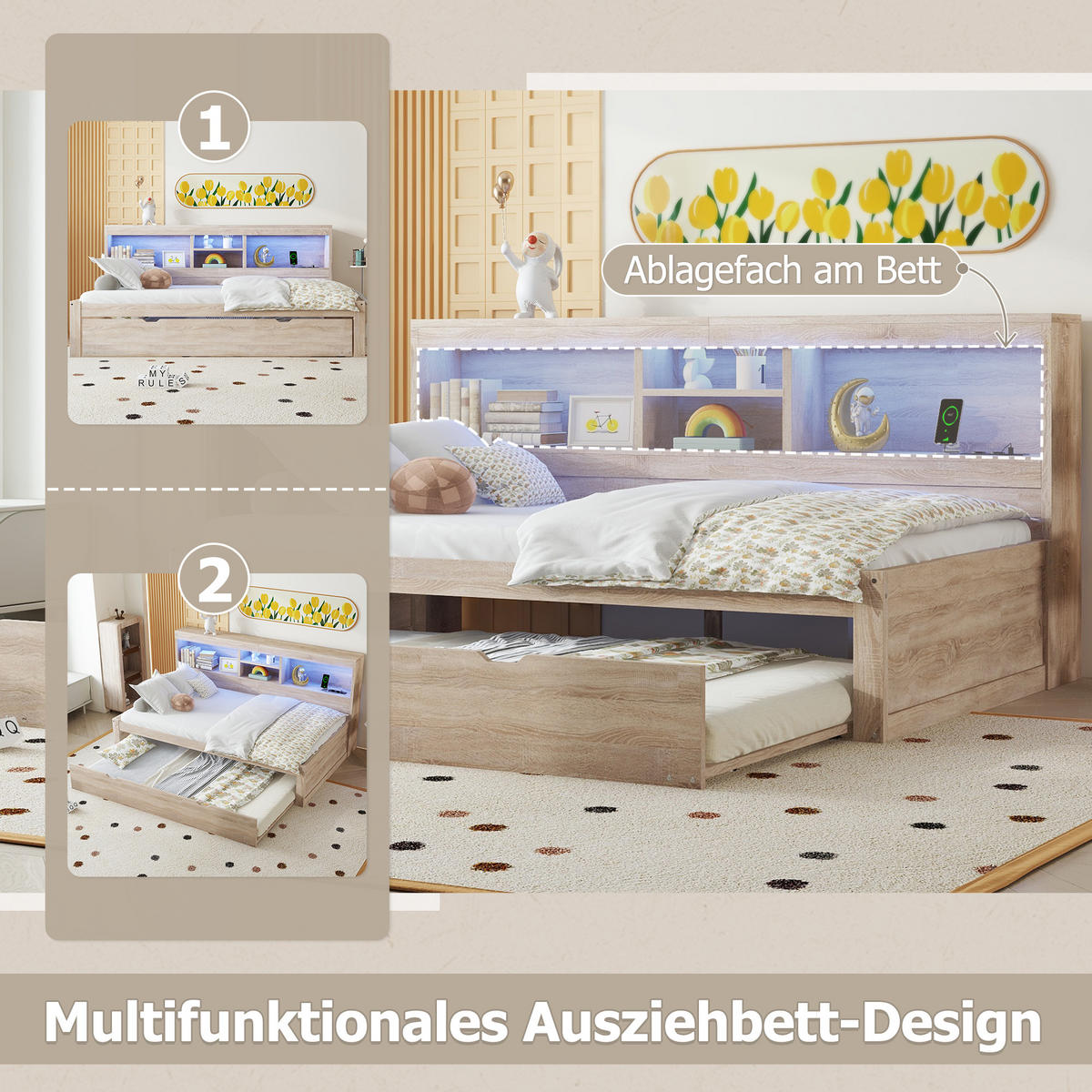 SCHLAFSOFA 90x200cm Natur LED-Licht Bettseite Staufach Ausziehbett USB - Naturfarben, Holz (90/200cm) - FLIEKS