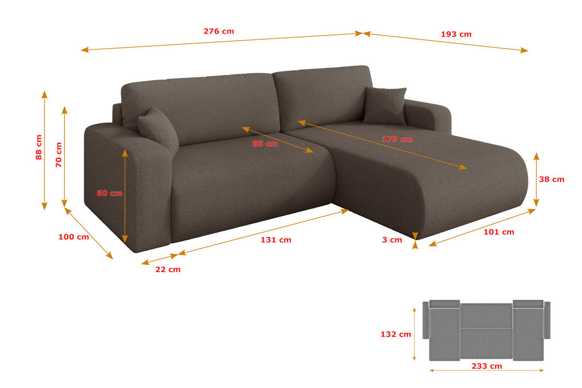 ROHOVÁ SEDAČKA s funkcí spaní, otoman vpravo BERY-L 276x193x88 hnědá bouclé - černá/hnědá, kompozitní dřevo/textil (276/193cm) - ALTDECOR