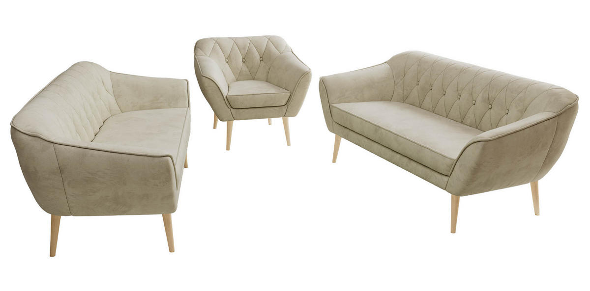 SEDACÍ SOUPRAVA 3+3+1 PIRS - Béžová Samet - Dřevěné nohy - barva buku/béžová, kompozitní dřevo/textil (180/75/74cm) - MKS