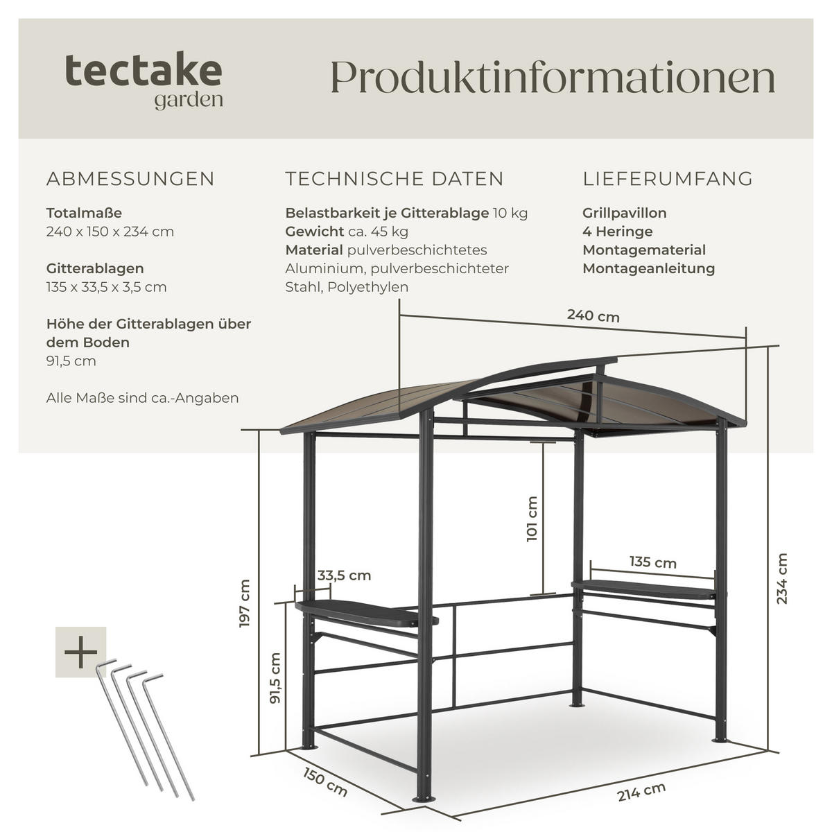 GRILLPAVILLON Asado,240 x 150 x 234 cm,grau - Grau, Metall (150/234/240cm) - tectake