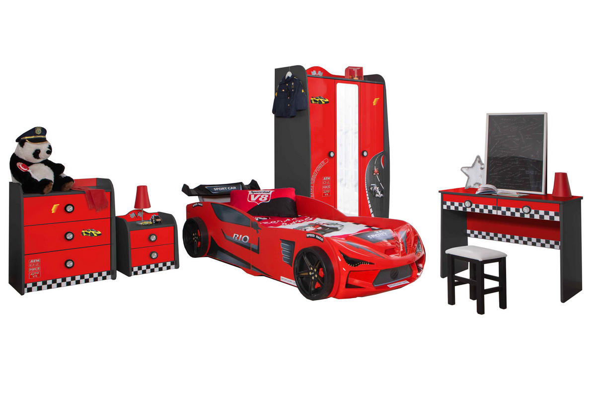 KINDERZIMMER Rio Komplett Set mit Autobett 5-tlg. Rot - Rot/Schwarz, Holzwerkstoff/Kunststoff (128/200/64cm) - Aileenstore