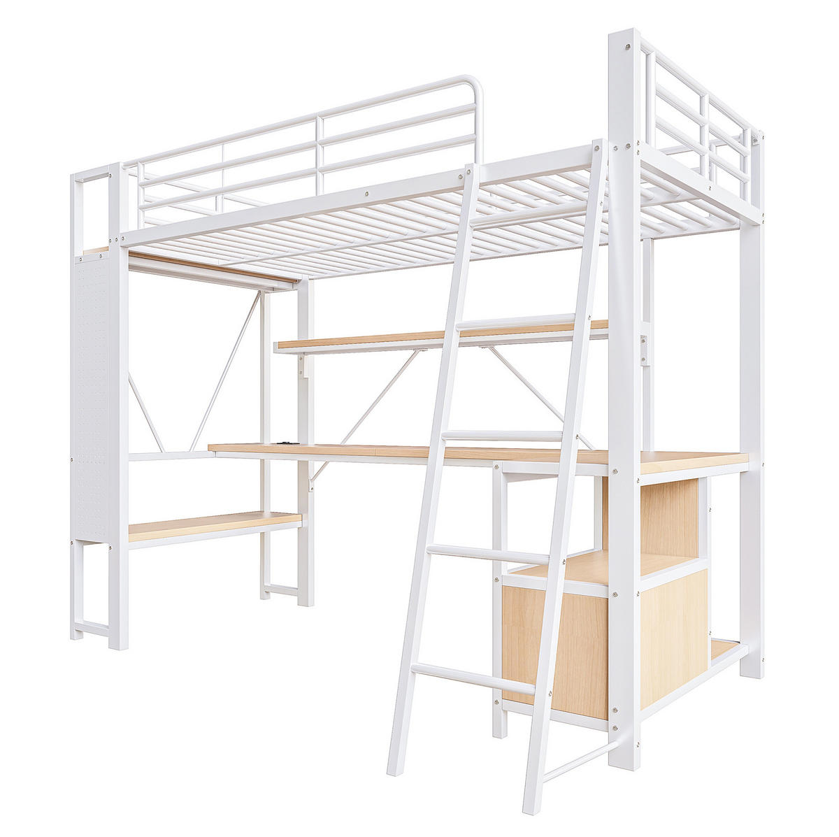 HOCHBETT aus Metall und MDF 90x200 cm Weiß mit LED-Lichtleiste, Schreibtisch, Regalen und USB-Anschluss - Weiß, Metall (90/200cm) - Modfu