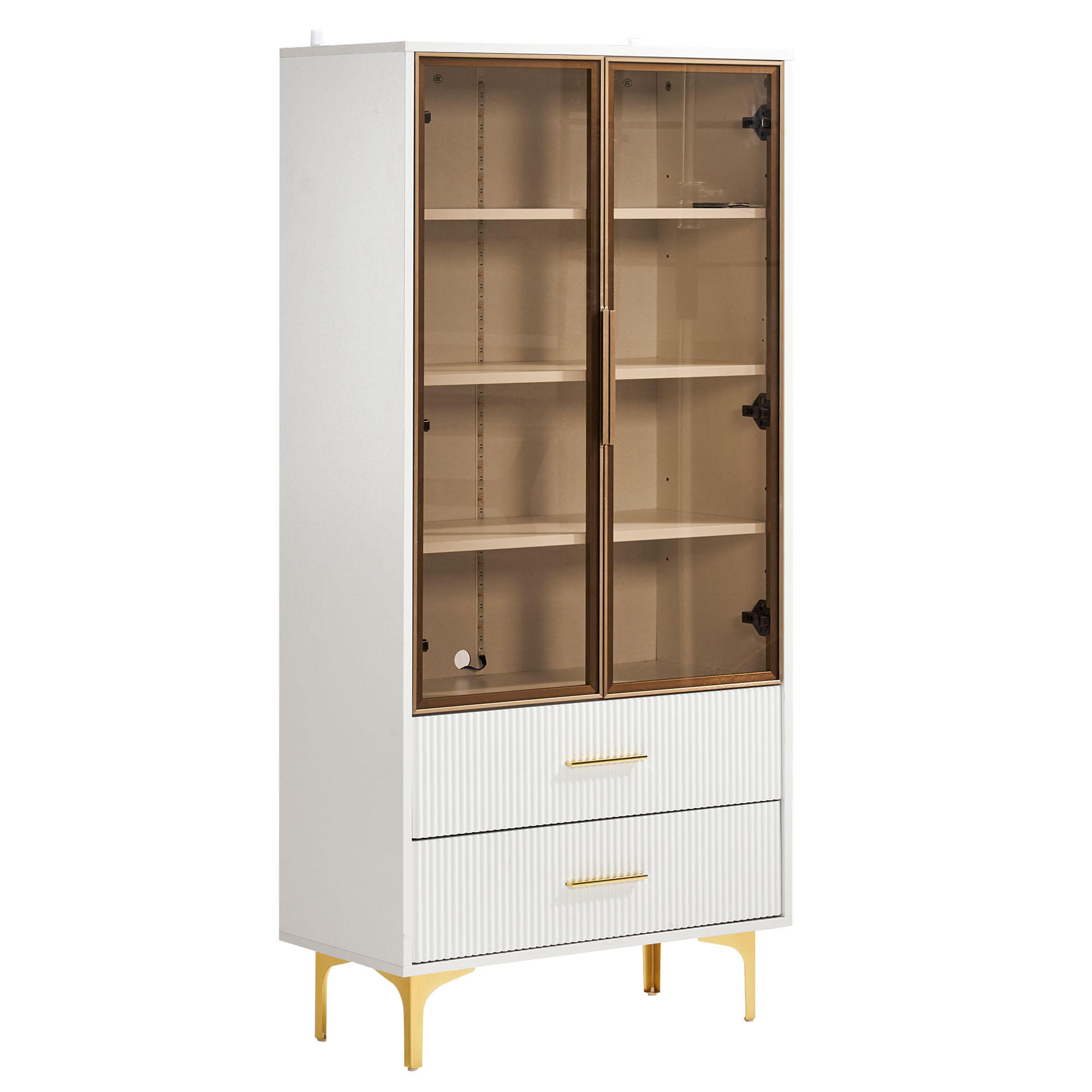 VITRINE, 2 Türen, LED-Licht, Goldbeine, Glas, 70x35x150cm - Weiß, Holzwerkstoff (35/150/70cm) - FLIEKS