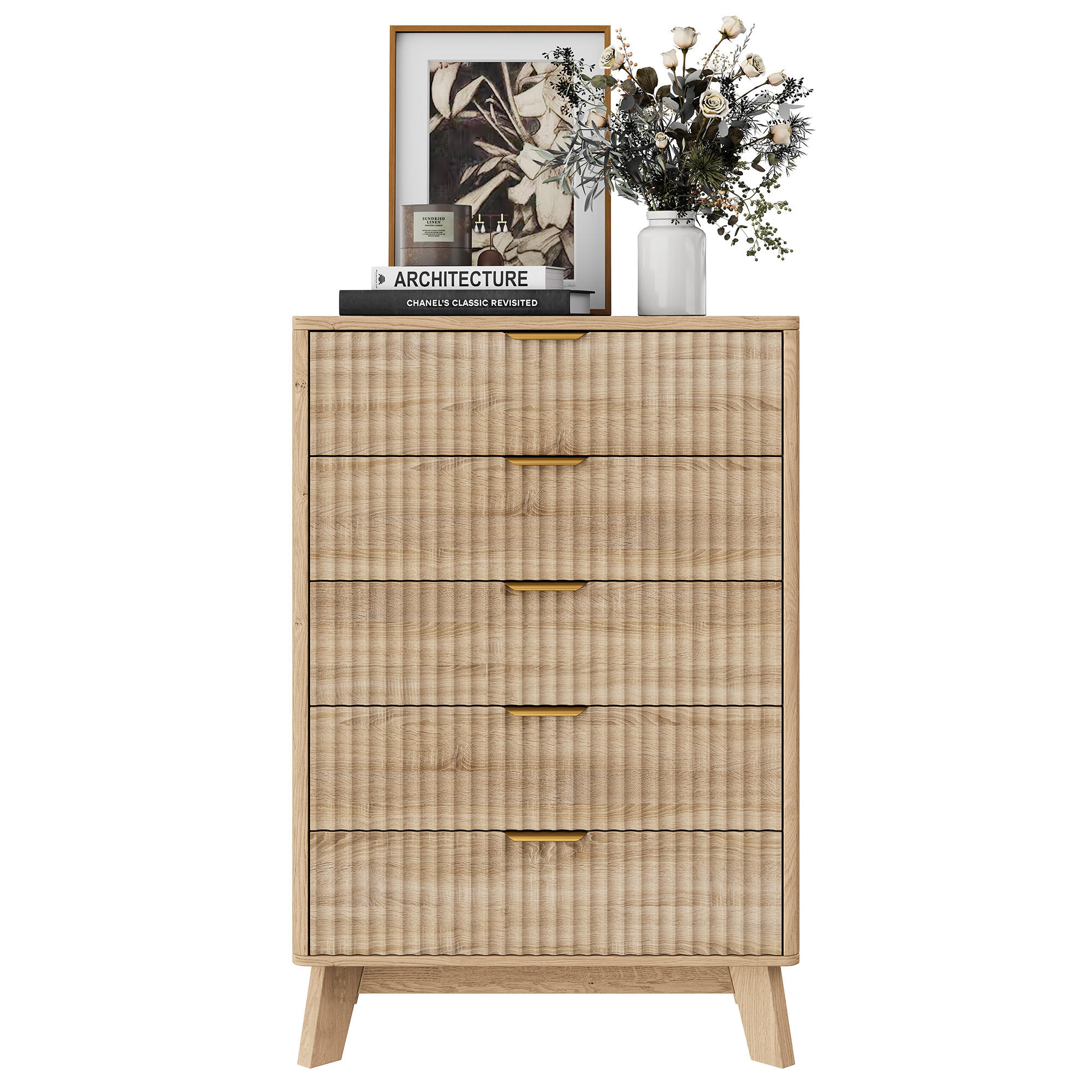 BYR&Aring; med 5 l&aring;dor, eklook, r&auml;fflad struktur, guldf&auml;rgade handtag Naturf&auml;rgad 108/40/73 cm