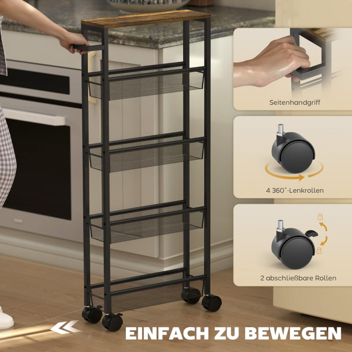 KÜCHENWAGEN 13 cm, Servierwagen mit Arbeitsplatte, 5 EBENEN, 47/13/96,5 cm - Schwarz, Holzwerkstoff (13/96.5/47cm) - Rolipo