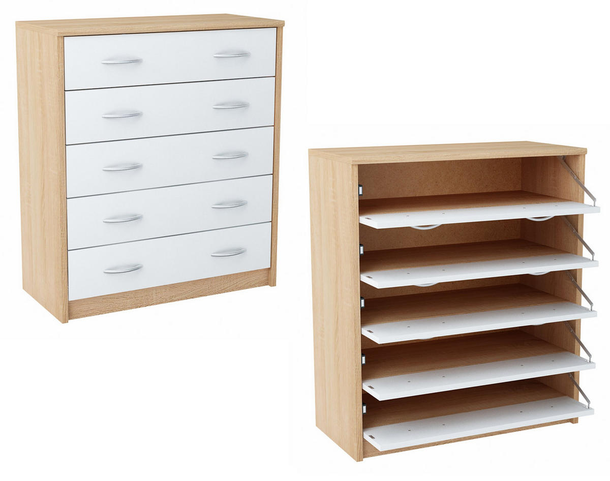 SCHUHSCHRANK 5S Sonoma Eiche-Weiß 74/35/85 cm 5 ausklappbare Schuhablagen - Weiß/Sonoma Eiche, Holzwerkstoff (74/85/35cm) - Matkam Möbel