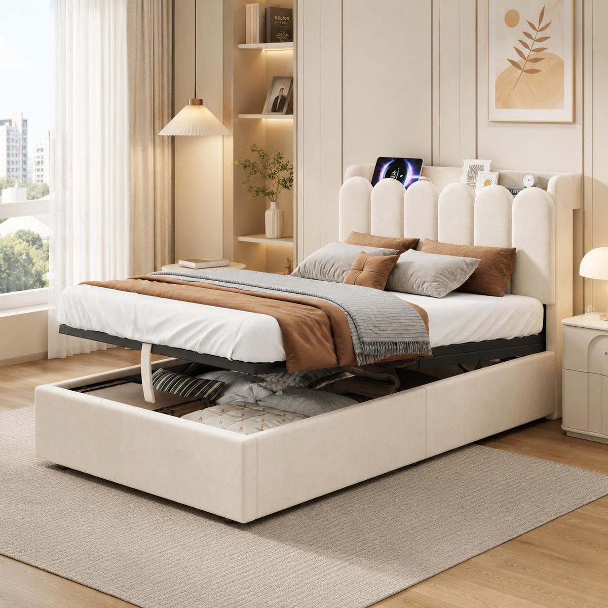 POLSTERBETT 90/200 cm in Beige mit Bettkasten, USB, Type-C und Leselampe aus Samt im Kopfteil - Beige, Holzwerkstoff/Textil (90/200cm) - STILVORA