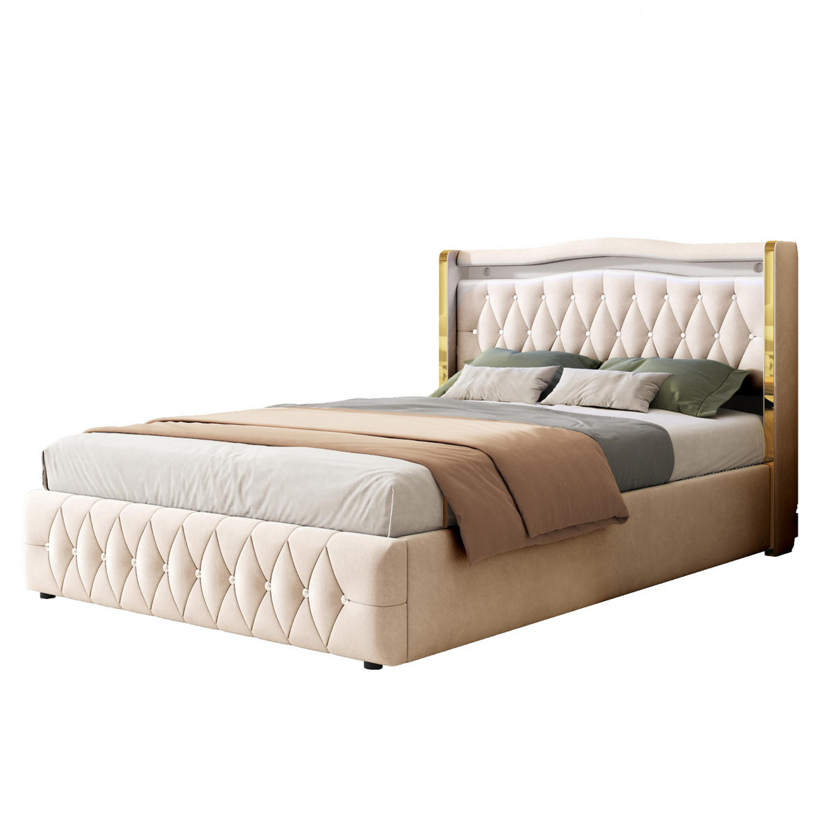 POLSTERBETT 140/200 cm beige mit farbwechselnder LED und hydraulischem Stauraum - Beige, Textil (140/200cm) - OKWISH