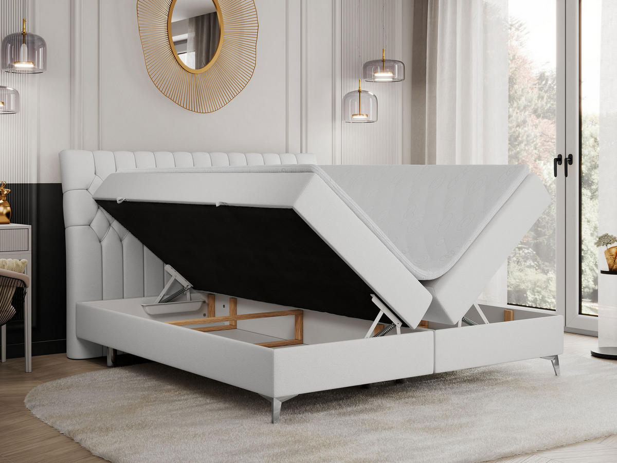 BOXBETT MILEN 160/200 Weiß Kunstleder - H4 - Weiß, Holz/Textil (160/200cm) - MKS