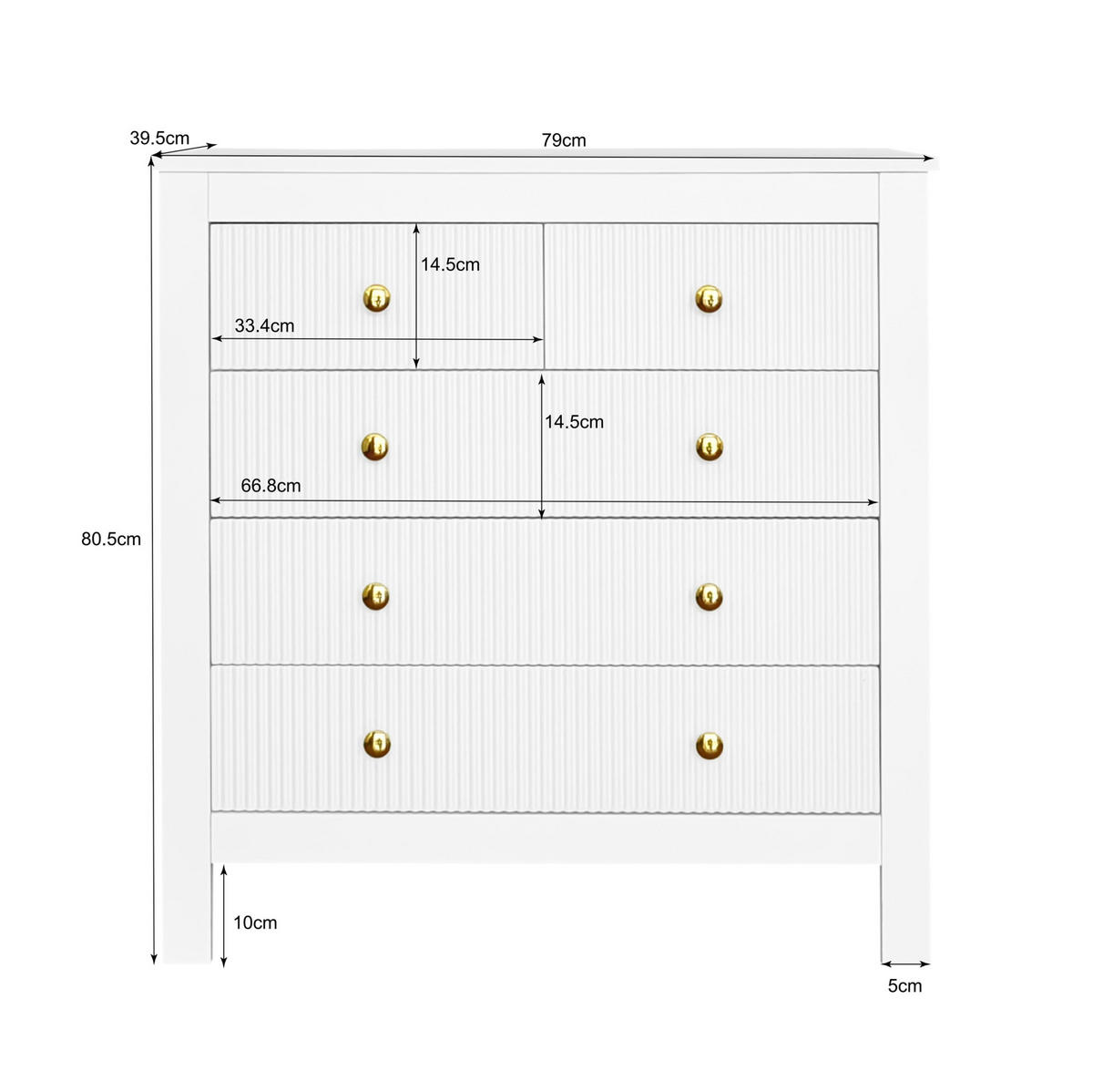 KOMMODE aus Spanplatte 79x80,5x39,5 cm Weiß mit 5 Schubladen und goldfarbenen Griffen - Weiß, Holzwerkstoff (80.5/80.5/39.5cm) - IVMEU