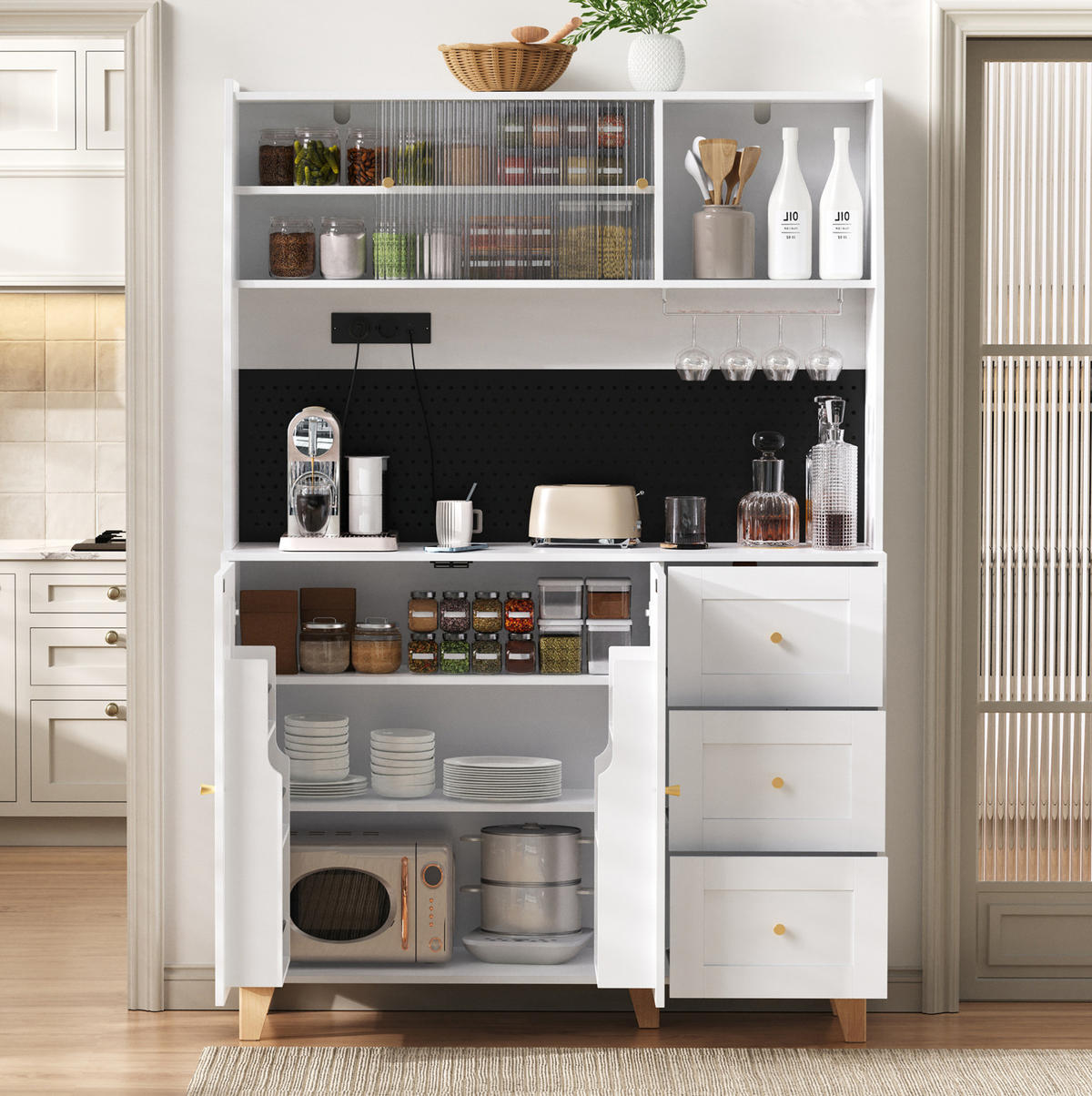 VISOKI element, 120/40/184 cm, MDF bijeli, s ladicama i utičnicama USB/USB-C - bijela, drvni materijal (120/184/40cm) - BEAOK