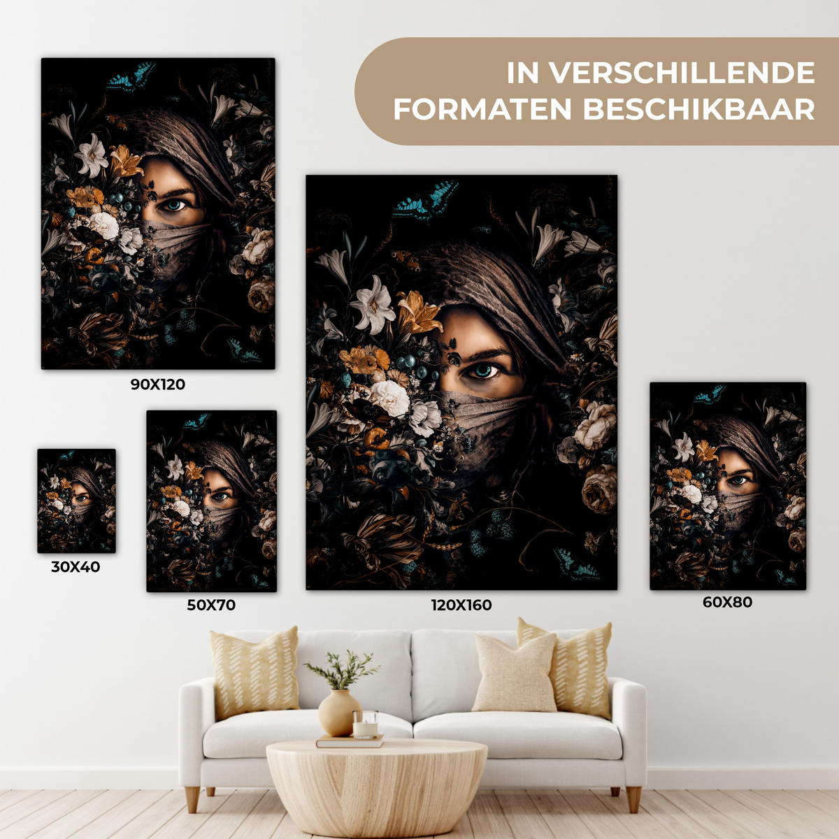 LEINWANDBILD Frau - Luxus - Blumen - Schmetterling - Porträt Room Decor 30x40 cm - Schwarz, Textil (30/40cm) - MuchoWow