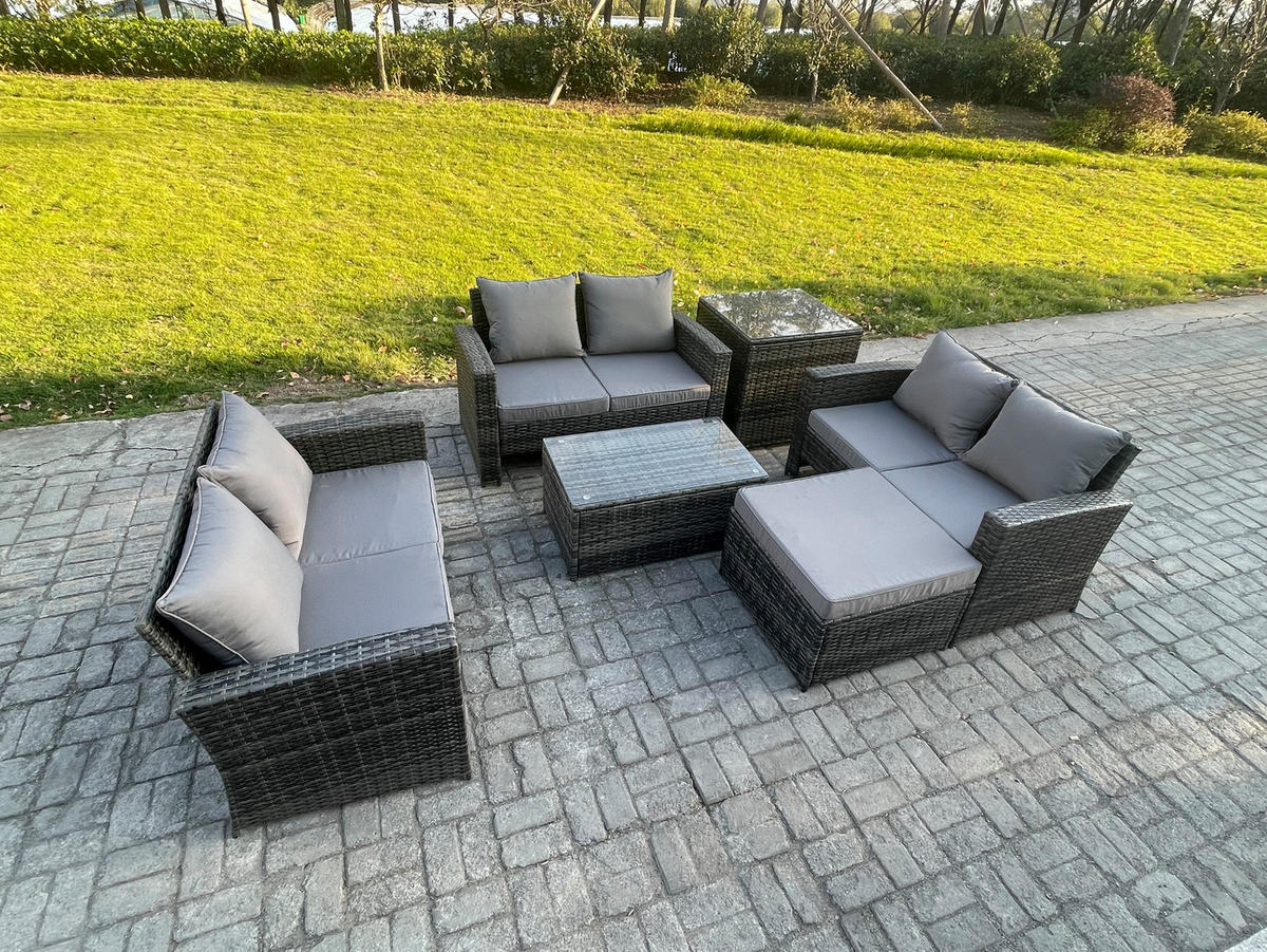 GARTENMÖBEL-SET SOFA COUCHTISCH MIT HOCKER BEISTELLTISCH Polyrattan Dunkelgrau Gemischt 7-Sitzer - Dunkelgrau, Metall - Fimous