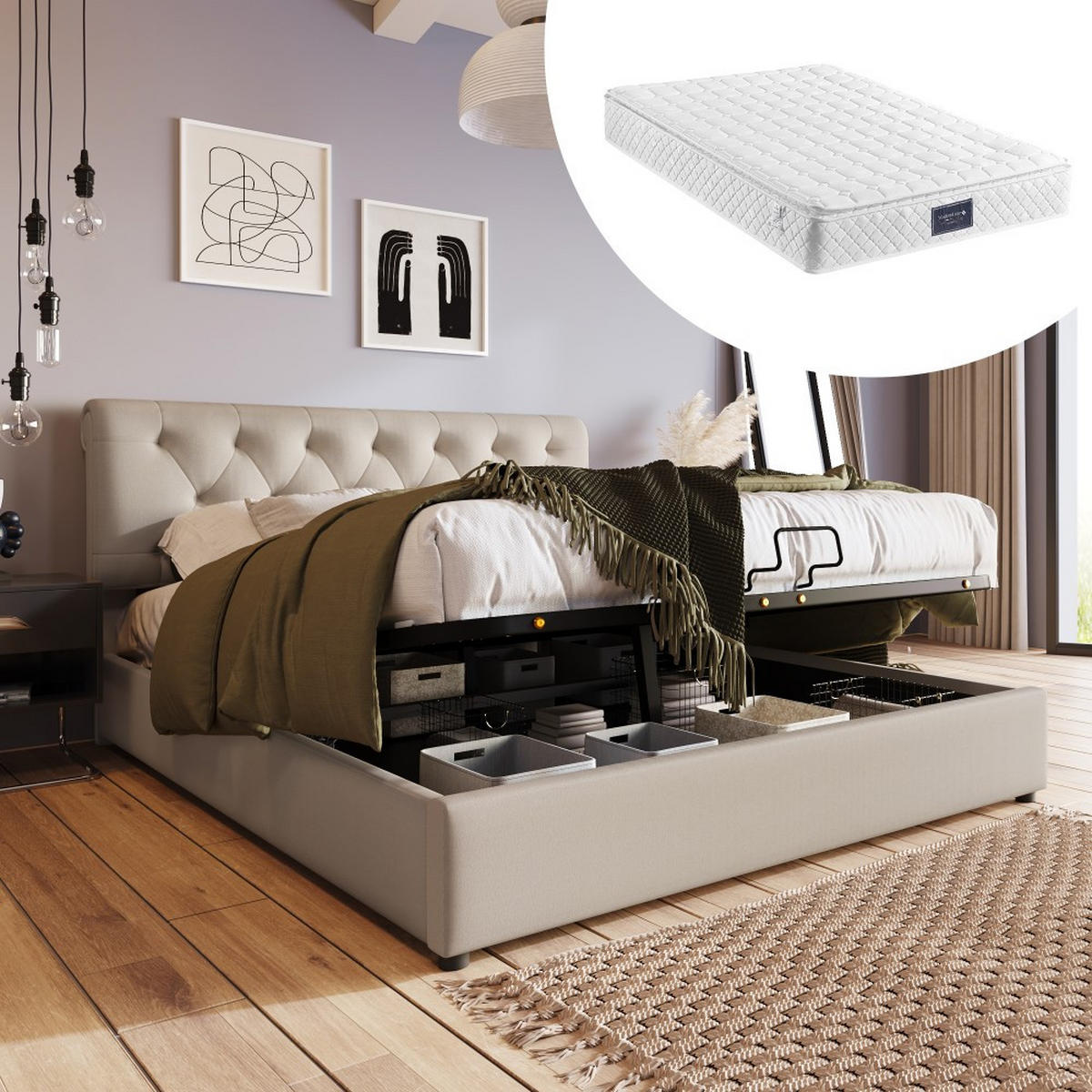 POLSTERBETT 140/200 cm in Hellgrau Linen mit Matratze - Hellgrau, Holz/Textil (140/200cm) - KOMHTOM