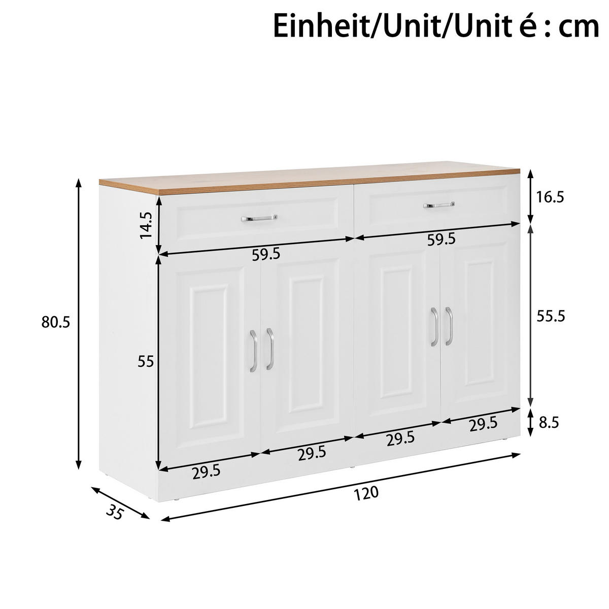 SIDEBOARD mit Regalen und Rebounder 4 Türen, 2 Schubladen, verstellbare Einlegeböden Natürliche Holzmaserung und Weiß - Weiß, Holzwerkstoff (120/80.5/35cm) - Urban Meuble