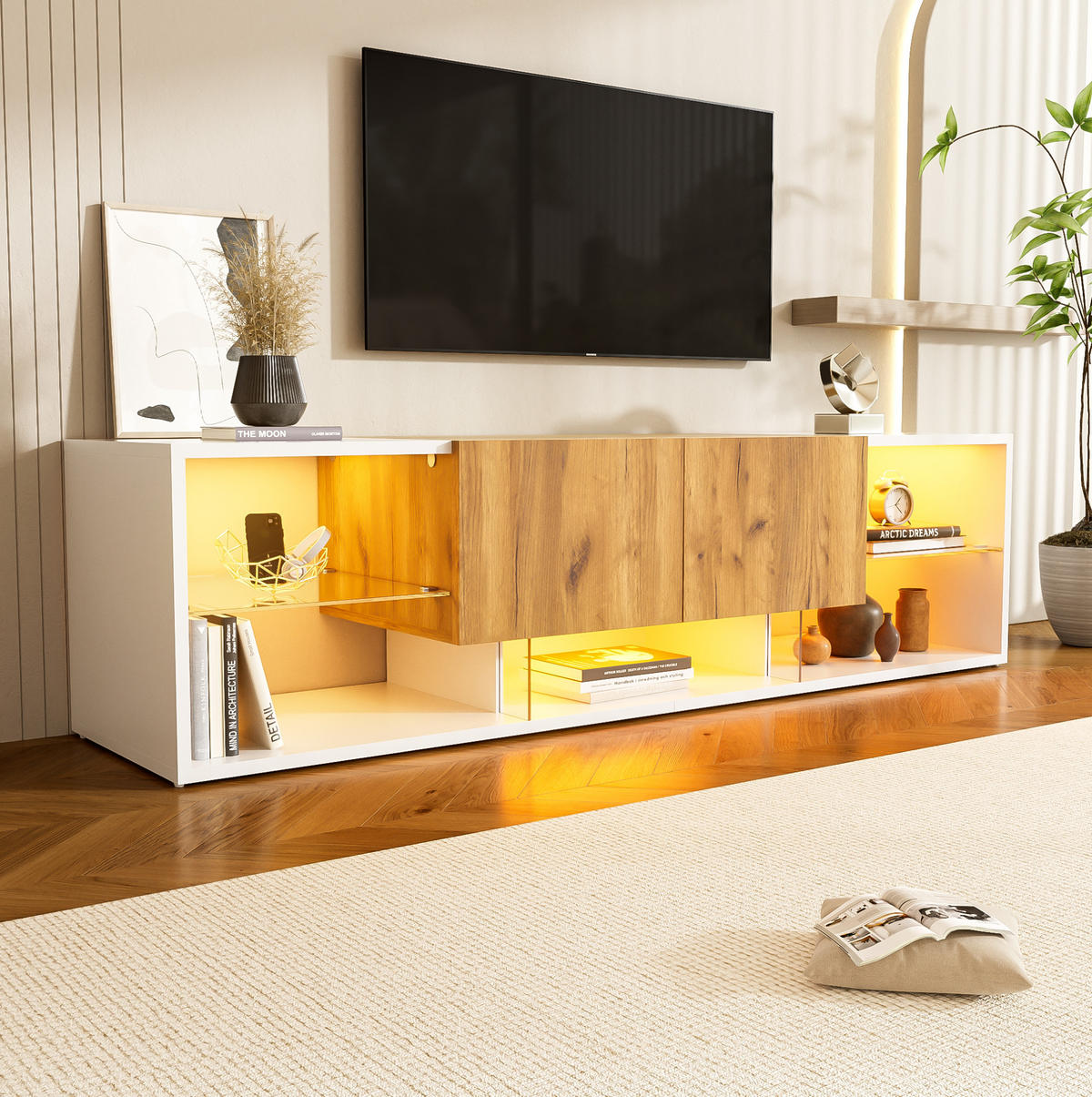 LOWBOARD 160/40/42 cm Weiß/Naturholzfarben aus Spanplatte mit LED-Beleuchtung und 2 Schubladen - Hellbraun, Holzwerkstoff (40/42/160cm) - OKMYHOME