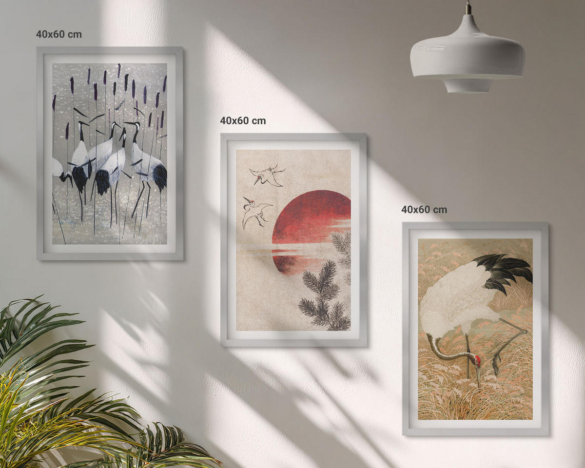 BILDER SET 3er Set - 40x60 cm Silberner Rahmen - Japanische Kraniche Landschaft - Silberfarben, Kunststoff (40/60cm) - TULUP