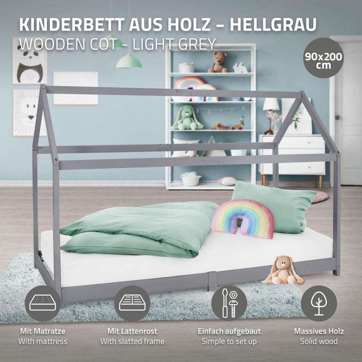 KINDERBETT mit Dach und Matratze 90x200 cm Hellgrau - Hellgrau, Holz (90/200cm) - ML-DESIGN