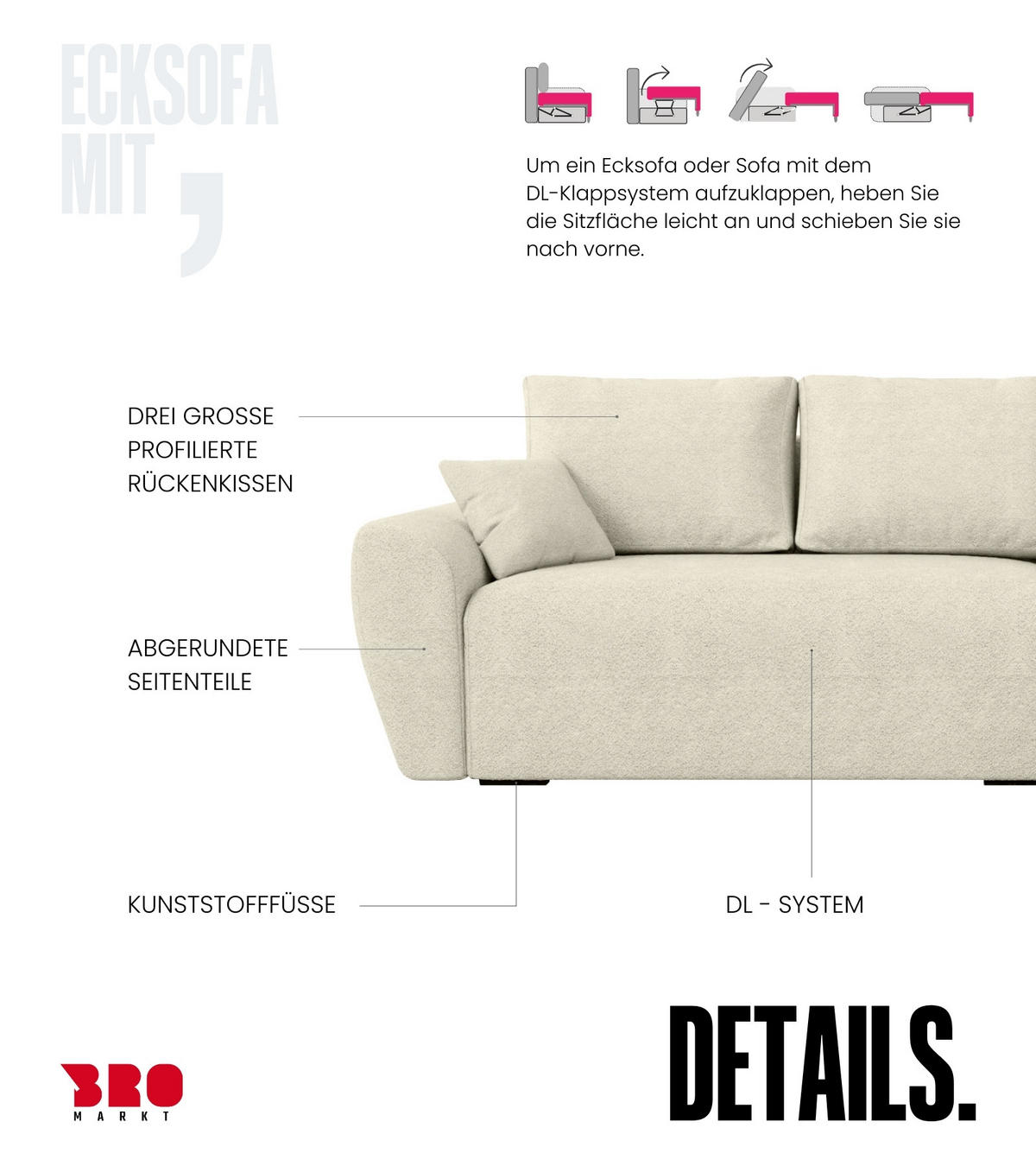 ECKSOFA Rotterdam mit Schlaffunktion Beige Bouclé - Ecru, Textil (238/141cm) - Bromarkt