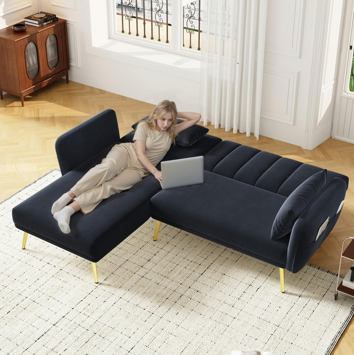 ECKSOFA, Samt mit Schlaffunktion & verstellbarer Rückenlehne, 191,5/130,5/80 cm, Schwarz - Schwarz, Textil (130.5/191.5cm) - Redom