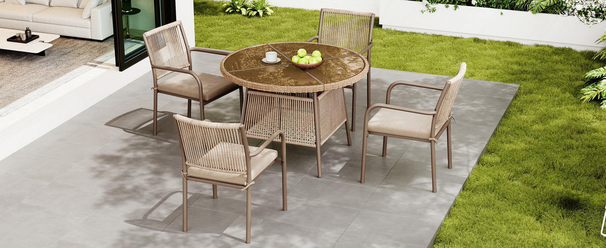 GARTENSET Rattan Tisch 4 Stühle rund Glas - Braun, Glas - LEBENLANG