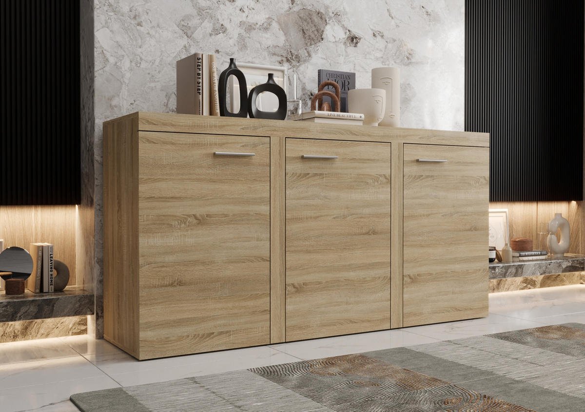 KOMMODE London LRXK mit 3 Türen, Sideboard in Farbe: Hellbraun, Größe: 149 x 82 x 40 cm - Hellbraun, Holzwerkstoff (149/82/40cm) - O-Sofa