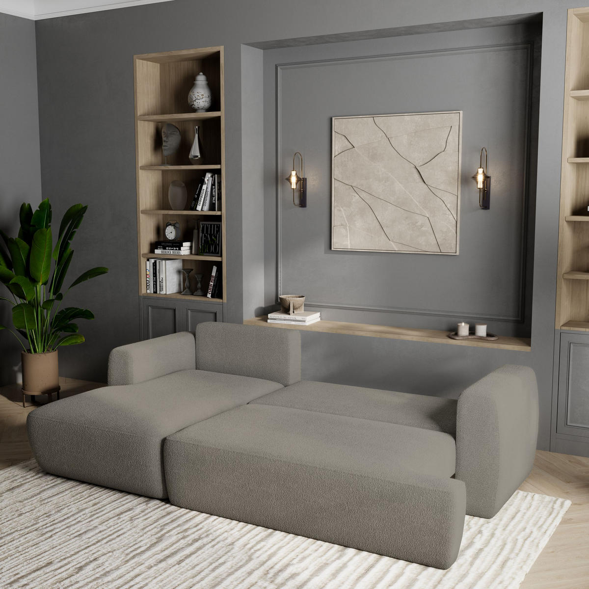 ECKSOFA SENTI N L-S Hellgrau Boucle-Stoff mit Schlaffunktion - Hellgrau, Holz (246/148cm) - MASSENO