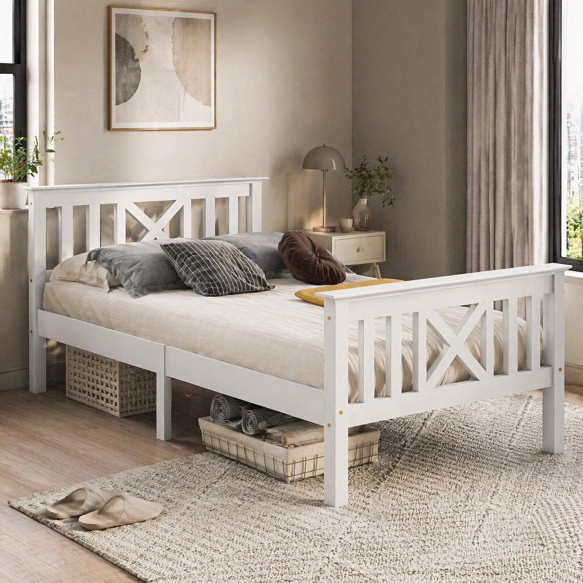 BETT 90/200 cm aus Massivholz in Weiß mit Lattenrost und X-Kopfteil - Weiß, Holz (90/200cm) - Flora Grace