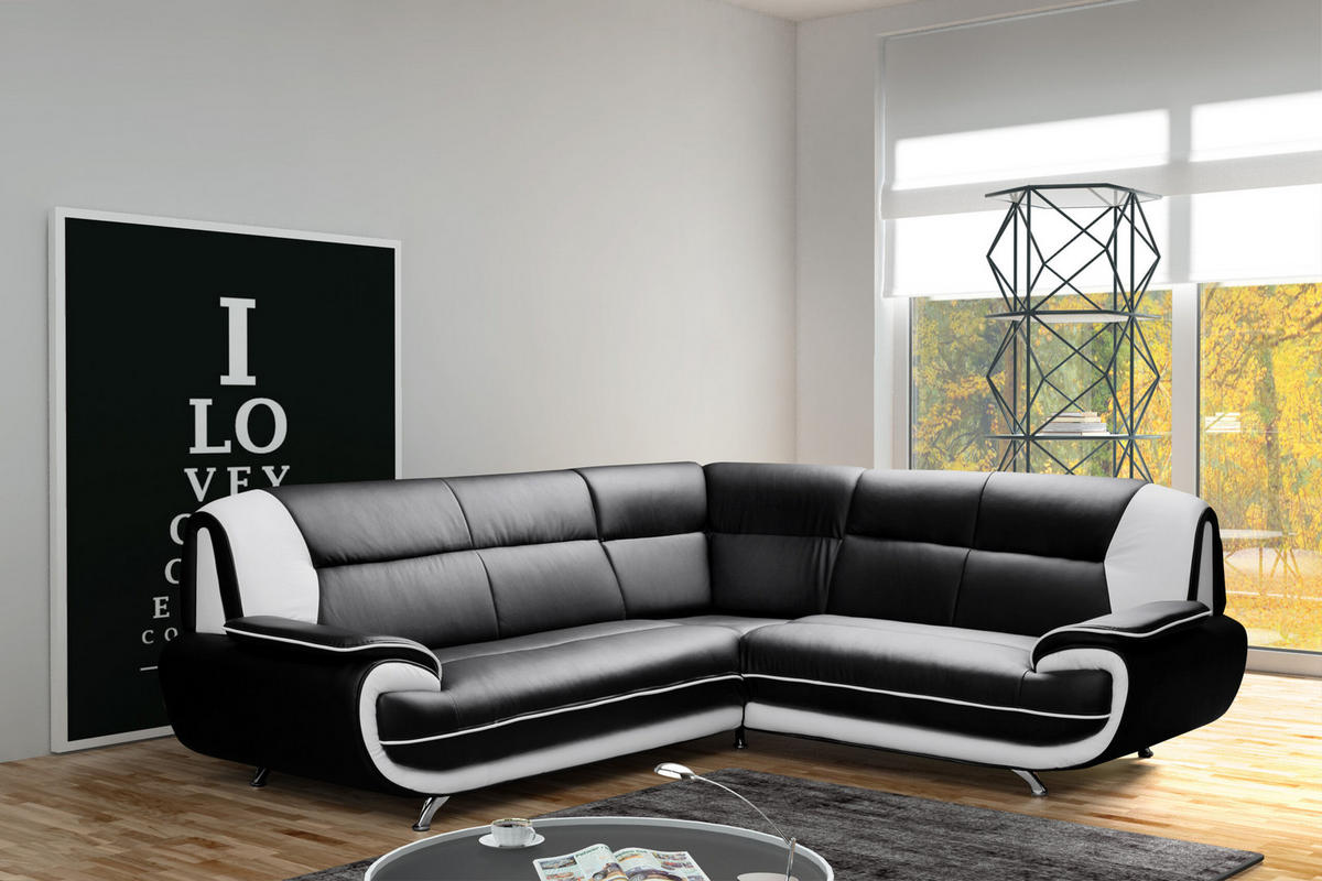 ECKSOFA L-Form, Stoff Soft, Schwarz + Weiß, Rechts, Palermo - Schwarz, Holz (240/210cm) - Kaiser Möbel