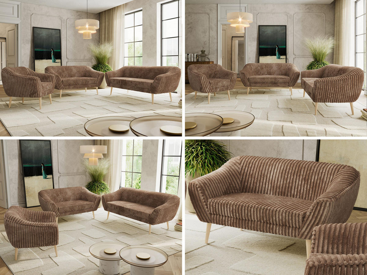 SITZGARNITUR PIRS 3+2+1 - Braun Cord - Holzbeine - Buchefarben/Braun, Holzwerkstoff/Textil (180/75/74cm) - MKS