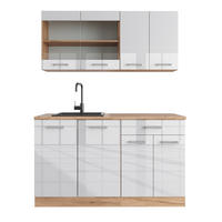 KÜCHENZEILE R-Line Weiß Hochglanz/Goldkraft Eiche 140 cm, AP Eiche - Honigeiche/Weiß Hochglanz, Holzwerkstoff (140/81.6/60cm) - Vicco