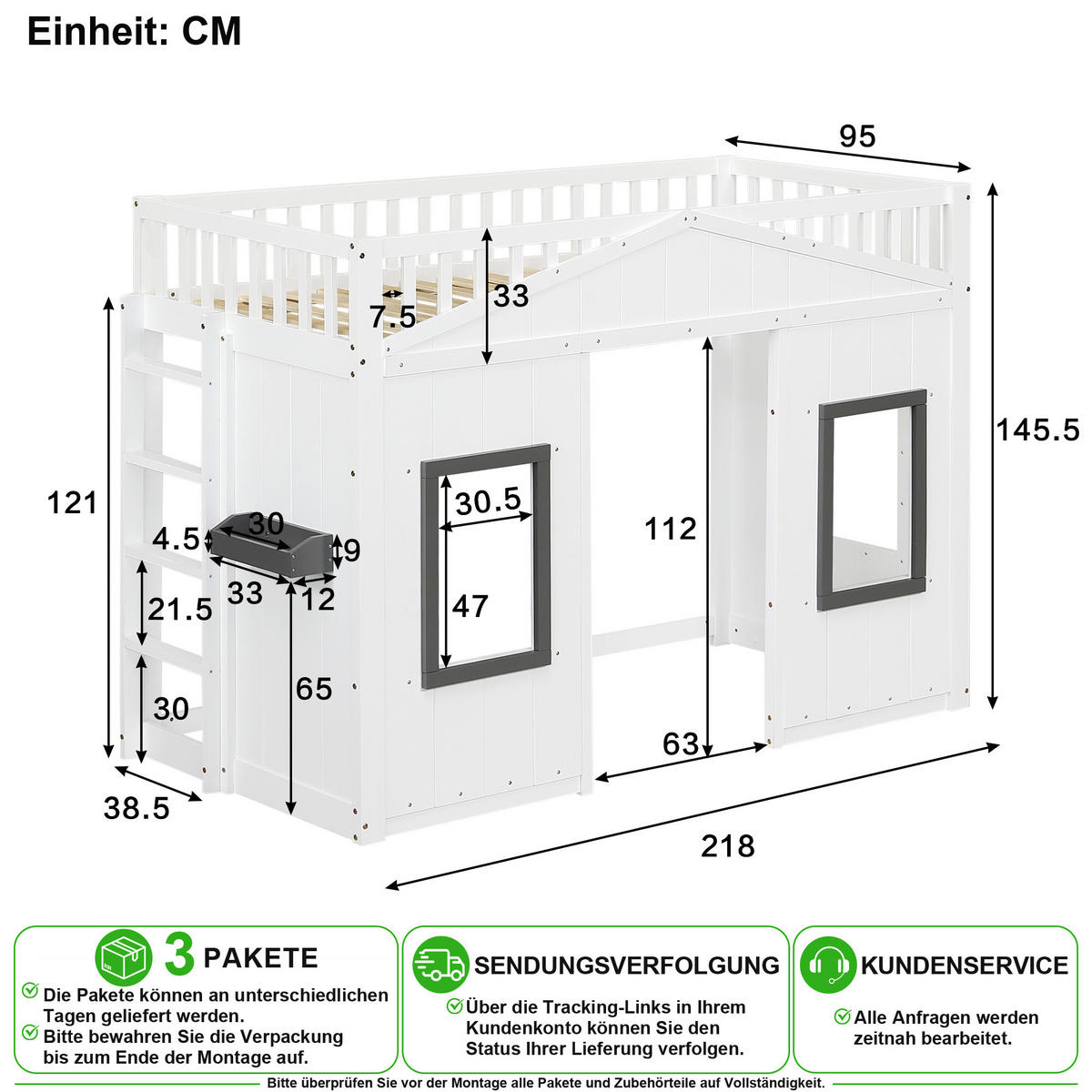 ETAGENBETT 90/200 cm in Weiß & Grau mit Treppe, Regal und Fenster - Weiß, Holz/Holzwerkstoff (90/200cm) - CHICFURN