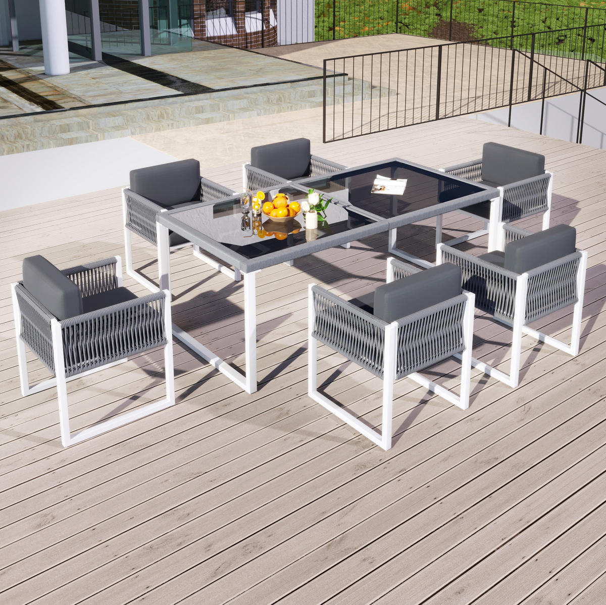 GARTEN-ESSGRUPPE 170/80/75 cm grau/weiß aus Eisen mit 6 Stühlen - Grau, Metall - OKWISH