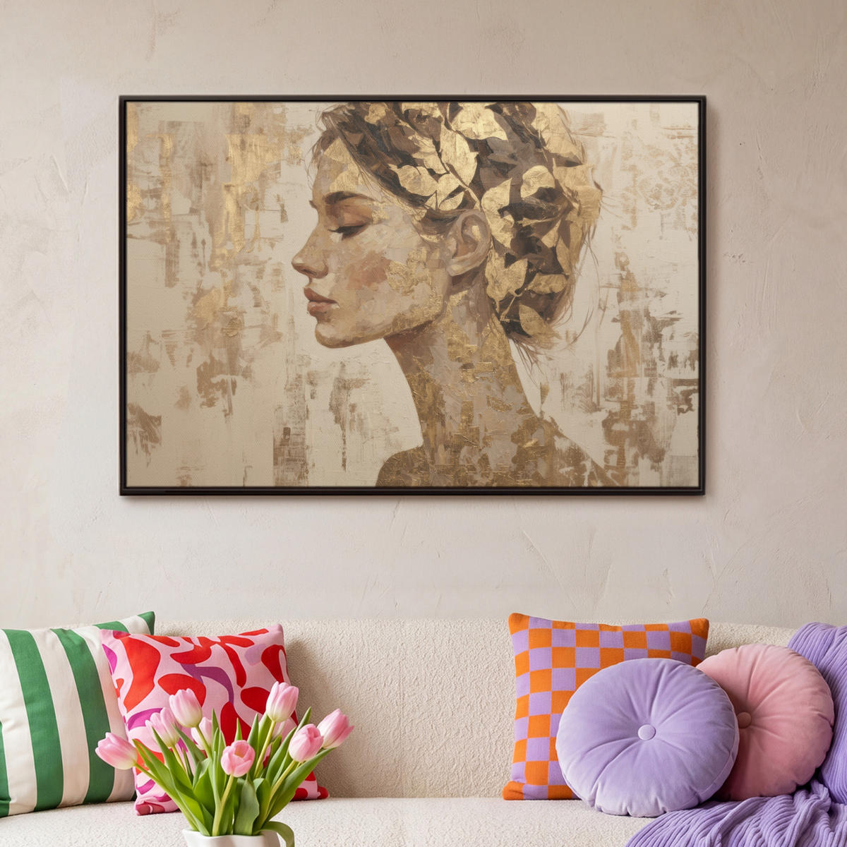 LEINWAND Bilder mit Rahmen - Frau - Gold - Abstrakt - Textur - 90x60 - Goldfarben, Textil (90/60cm) - MuchoWow