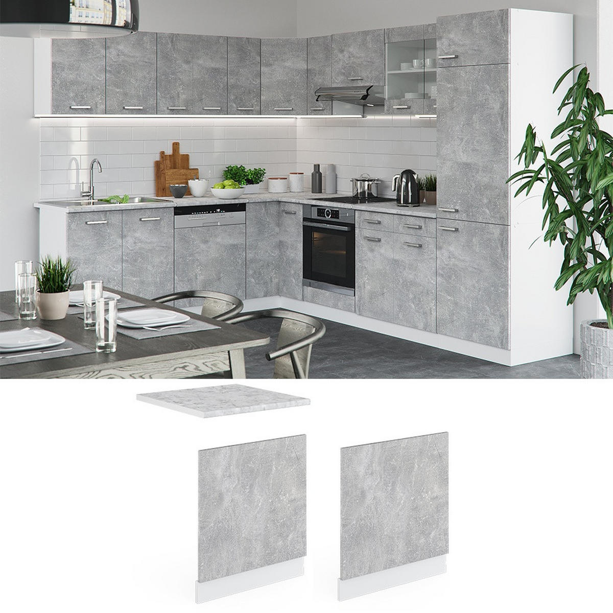 FRONTBLENDE R-Line Beton 60 cm , AP Eiche - Weiß/Grau, Holzwerkstoff (60/57.2/1.6cm) - Vicco