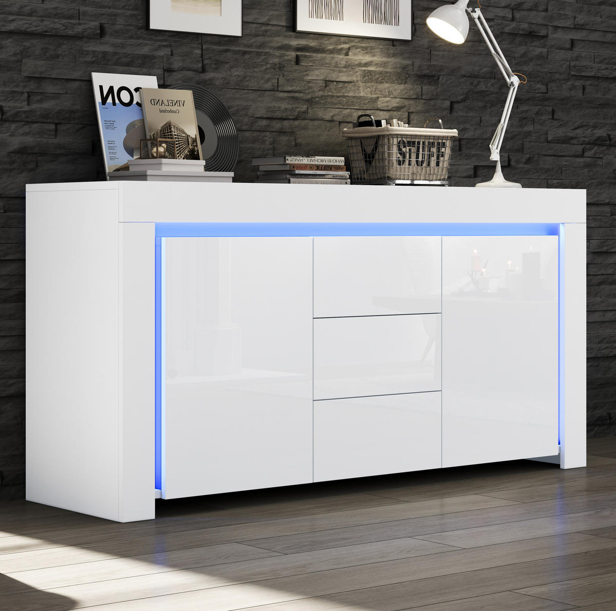 SIDEBOARD aus MDF 140x40x65 cm Weiß mit LED-Beleuchtung, 2 Türen, 3 Schubladen und Hochglanzfront - Weiß, Holzwerkstoff (140/65/40cm) - Modfu