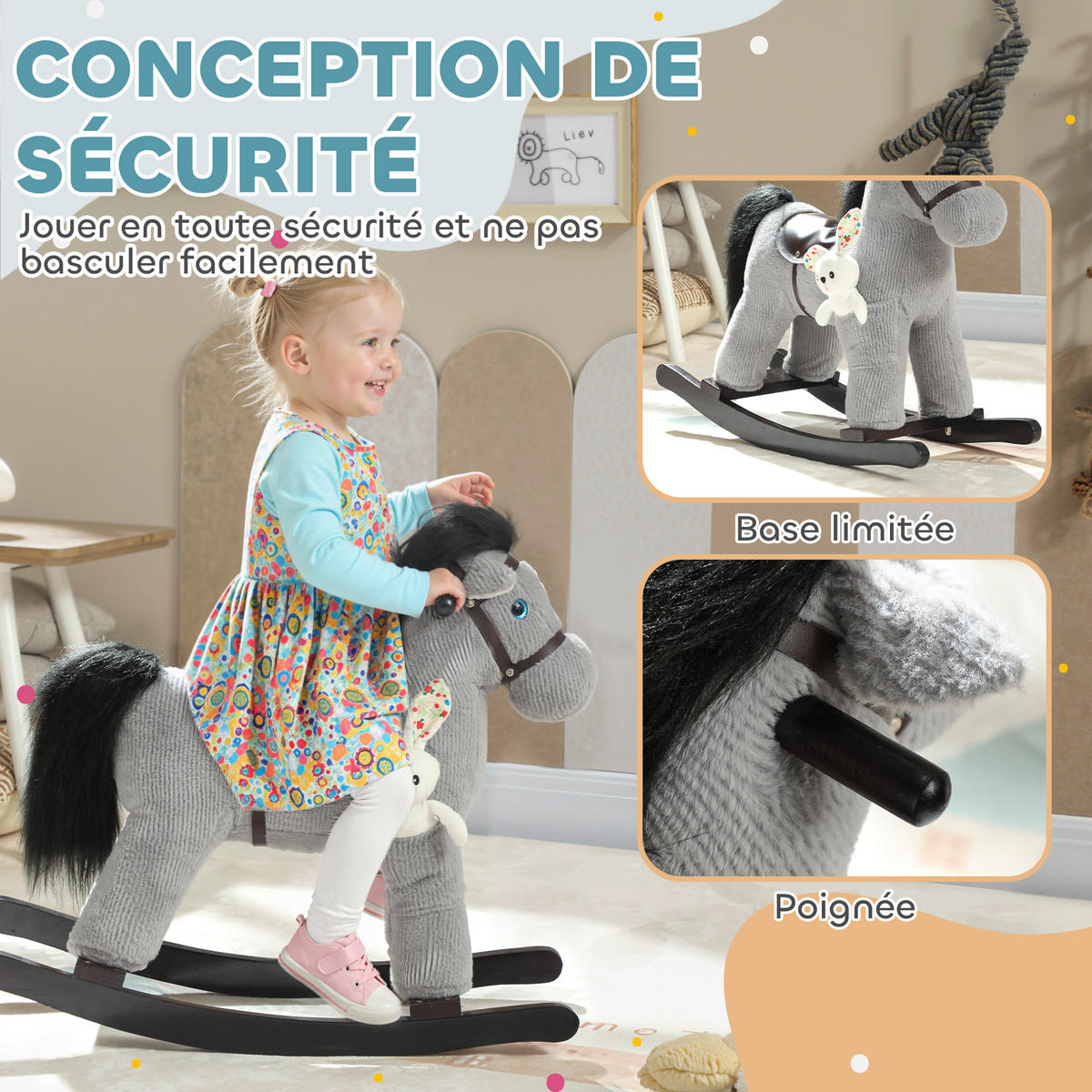 SCHAUKELPFERD DE-18250 mit Sound & Stoffpuppe, grau - Grau, Textil (26/55/71cm) - ComfortXL