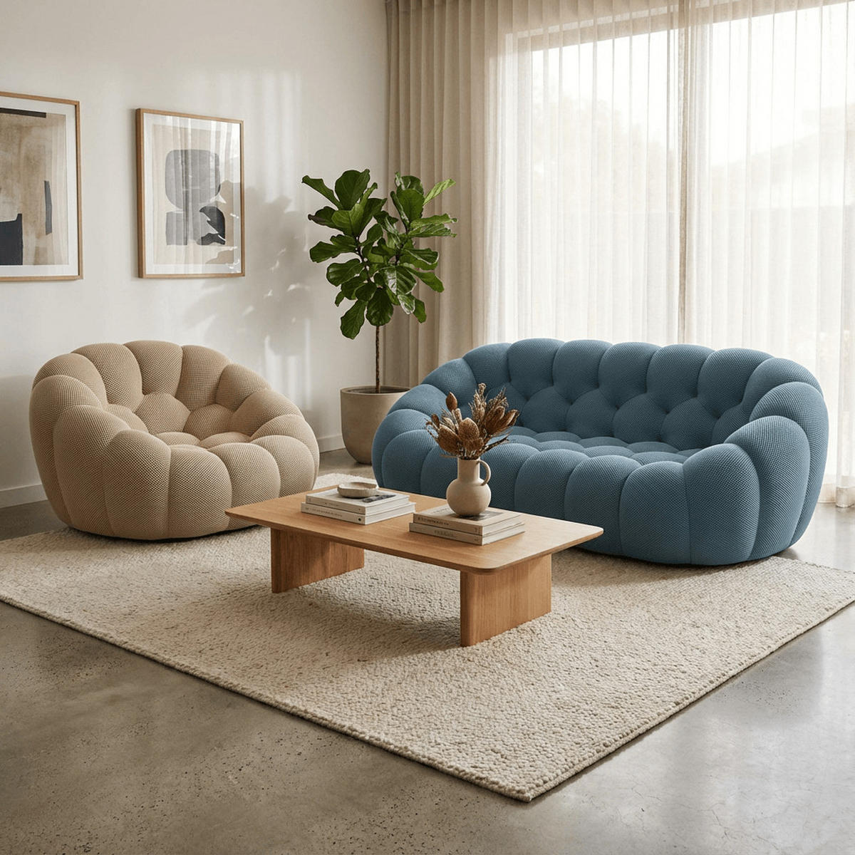 SITZGARNITUR Cocoon Sofa und Sessel Blau und Sand - Sandfarben/Blau, Textil (190/75/113cm) - COCO Living