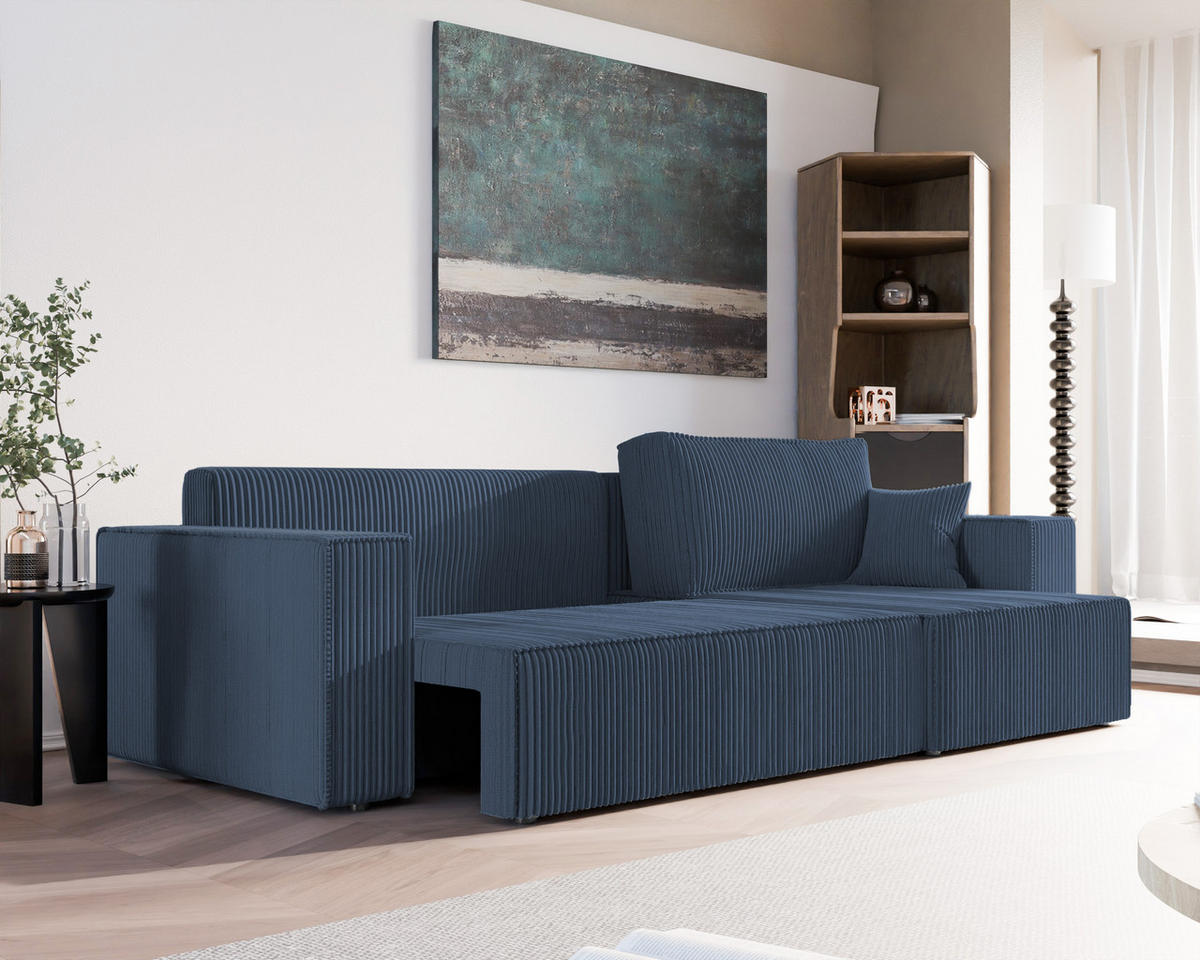 ECKSOFA mit Schlaffunktion und Bettkasten, Blau - Blau, Holzwerkstoff/Textil (145/276cm) - Idohome