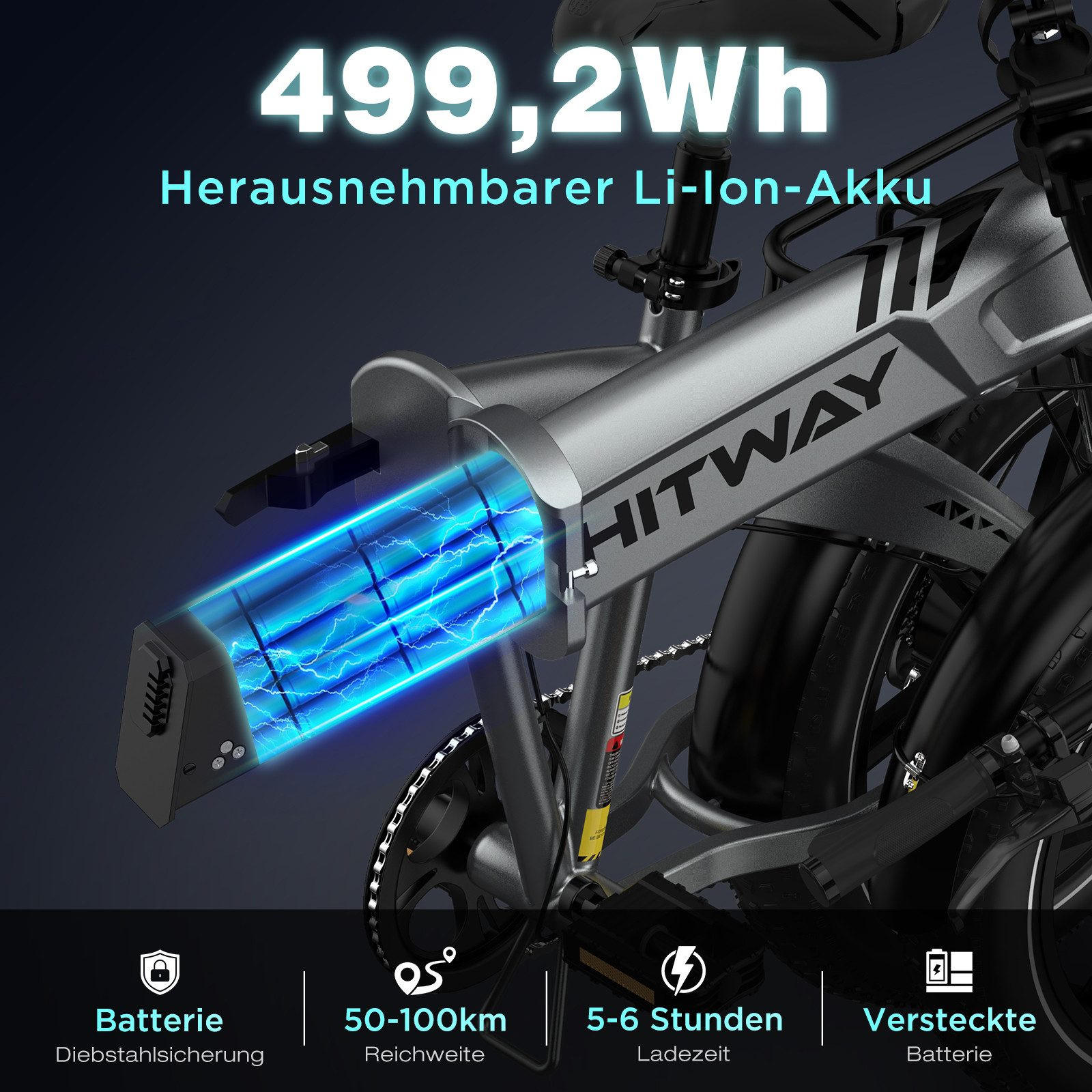 E-BIKE Klapprad BK36 Pedelec bis zu 50-100km 7 Gang shimano Schaltwerk - Silberfarben, Metall (32cm) - HITWAY