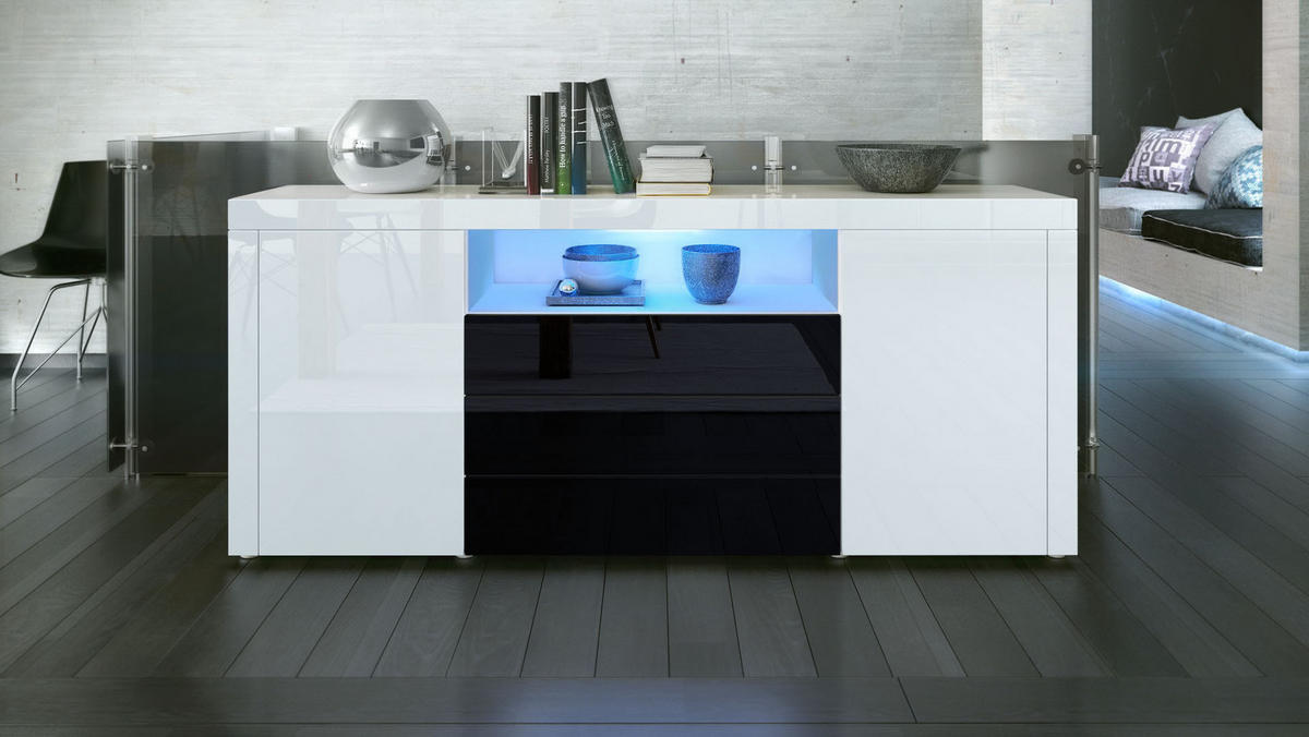 SIDEBOARD Santiago Weiß Hochglanz / Schwarz Hochglanz - Weiß Hochglanz, Holzwerkstoff (167/72/35cm) - Vladon