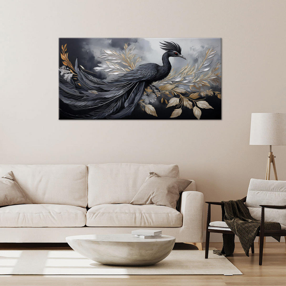 LEINWANDBILD Pfauenvögel, Tiere, Glamour 80x40cm - Schwarz, Textil (80/40cm) - Feeby