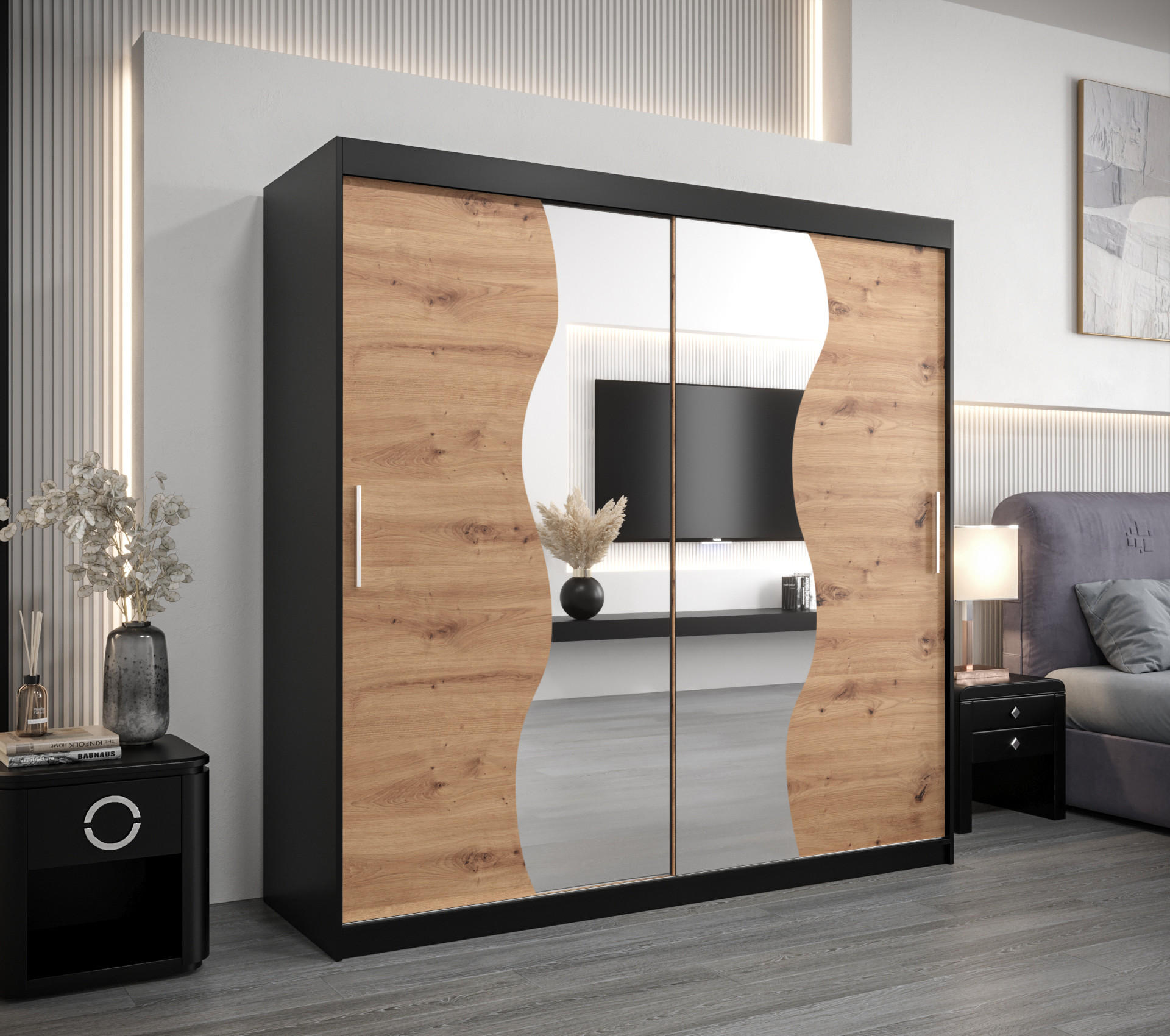 SCHWEBETÜRENSCHRANK 200/200/62 2-türig - Silberfarben/Schwarz, Holz/Kunststoff (200/200/62cm) - MÖBEL KRYSPOL